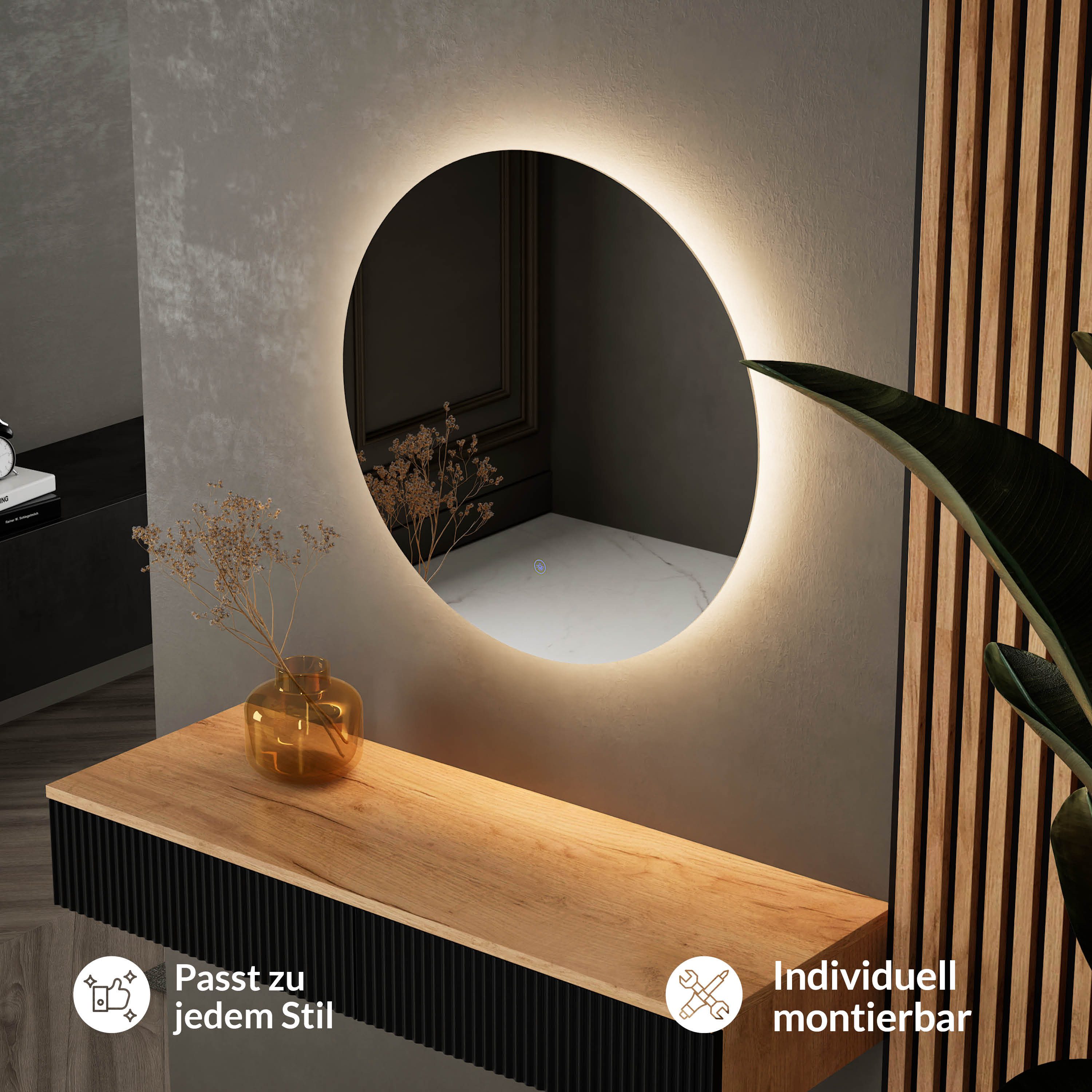 Planetmöbel Dekospiegel NOVA Spiegel mit Beleuchtung 60 - 80 cm (Dekorativer Wandspiegel ohne Rahmen 60 cm, Spiegel mit LED-Licht), Touch-Funktion, Dimmbar 4200k