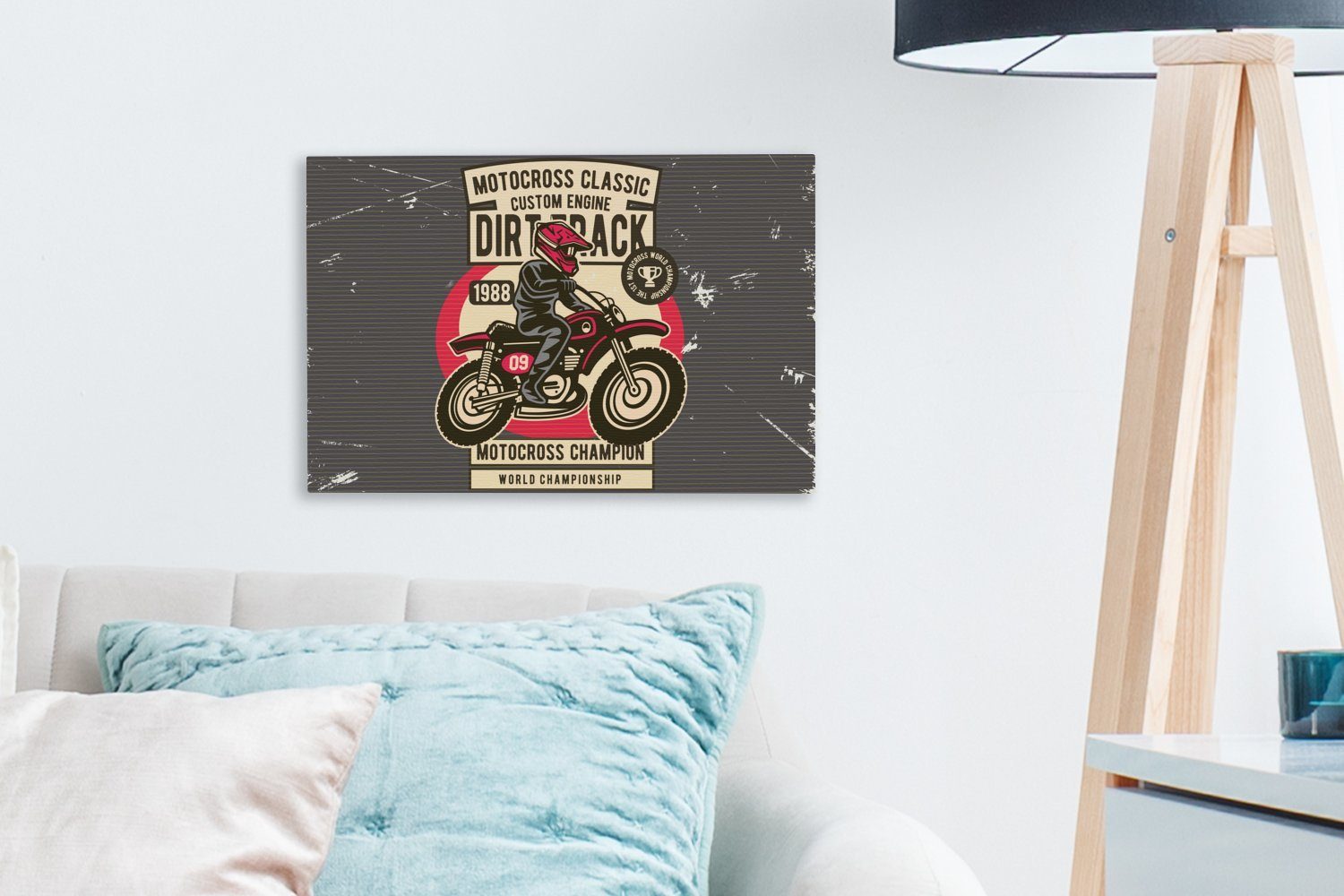OneMillionCanvasses® Leinwandbild Motorrad - Wanddeko, Aufhängefertig, Wandbild Zeichnung, Helm - St), Leinwandbilder, (1 Retro cm - 30x20