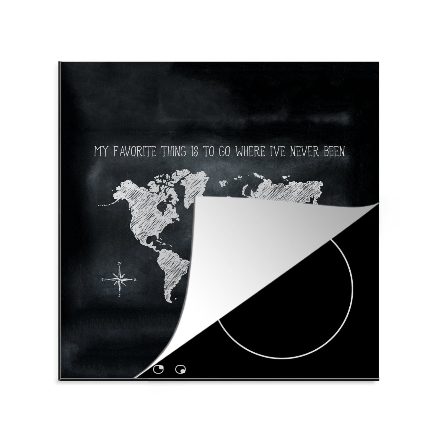 MuchoWow Herdblende-/Abdeckplatte Weltkarte - Kreidetafel - Kompass, Vinyl, (1 tlg), 78x78 cm, Ceranfeldabdeckung, Arbeitsplatte für küche | Herdabdeckplatten