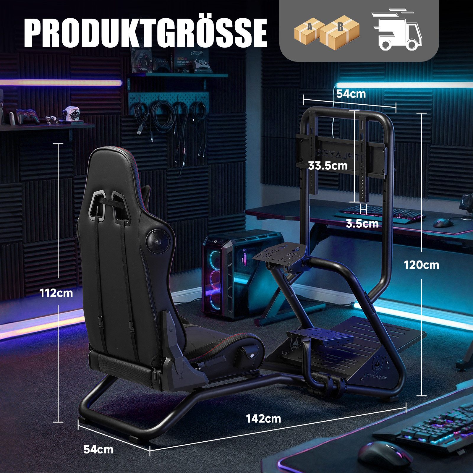 GTPLAYER Simulator Cockpit Rennsimulator lenkradständer mit 3D Lautsprechern Controller (Monitorhalterung Lenkradhalterung Schalthebelhalterung und Fußpedalen)
