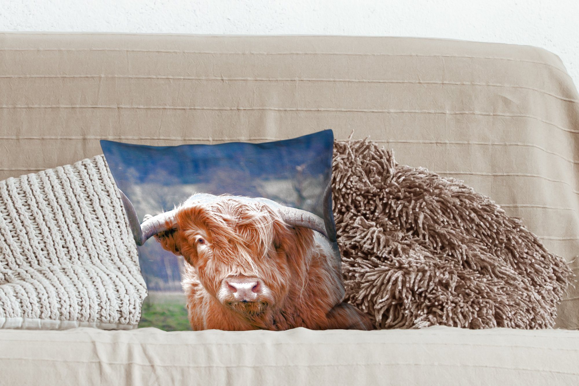 Highlander Füllung Deko, Kuh, Dekokissen MuchoWow - für Schottischer - Zierkissen Sofakissen Schlafzimmer, mit Kuhkopf Wohzimmer, Natur - Landschaft -
