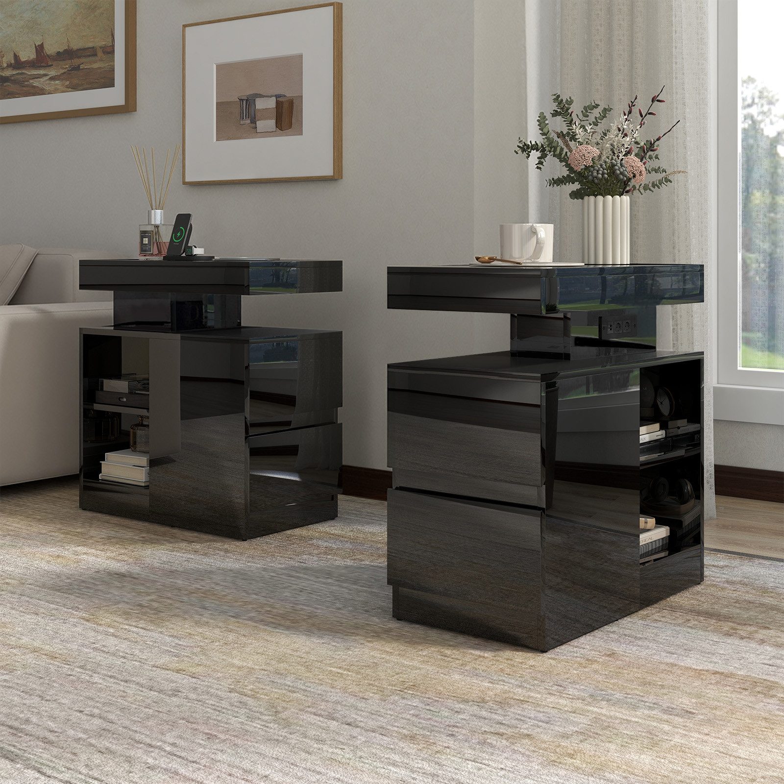 JOIVI Beistelltisch Moderner Beistelltisch im Hochglanz (Wohnzimmertisch in 60 x 32 x 62 cm, Kaffeetisch mit 2 Schuhbladen), Sofatisch für Wohnzimmer, Schlafzimmer, Büro, Schwarz