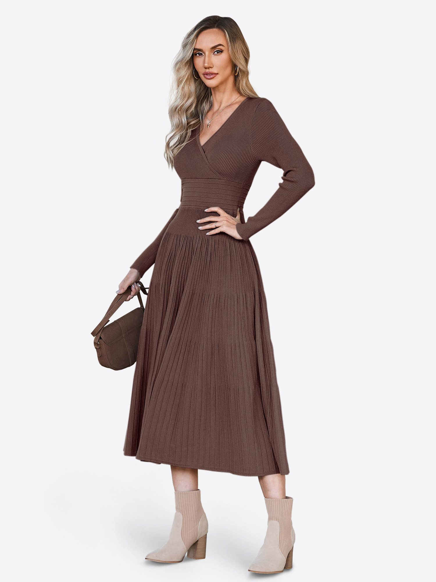 Imily Bela Strickkleid Damen Langarm Midi Pullover Kleid Wrap V-Ausschnitt (Packung, 1-tlg., 1per-Pack) Faltenrock