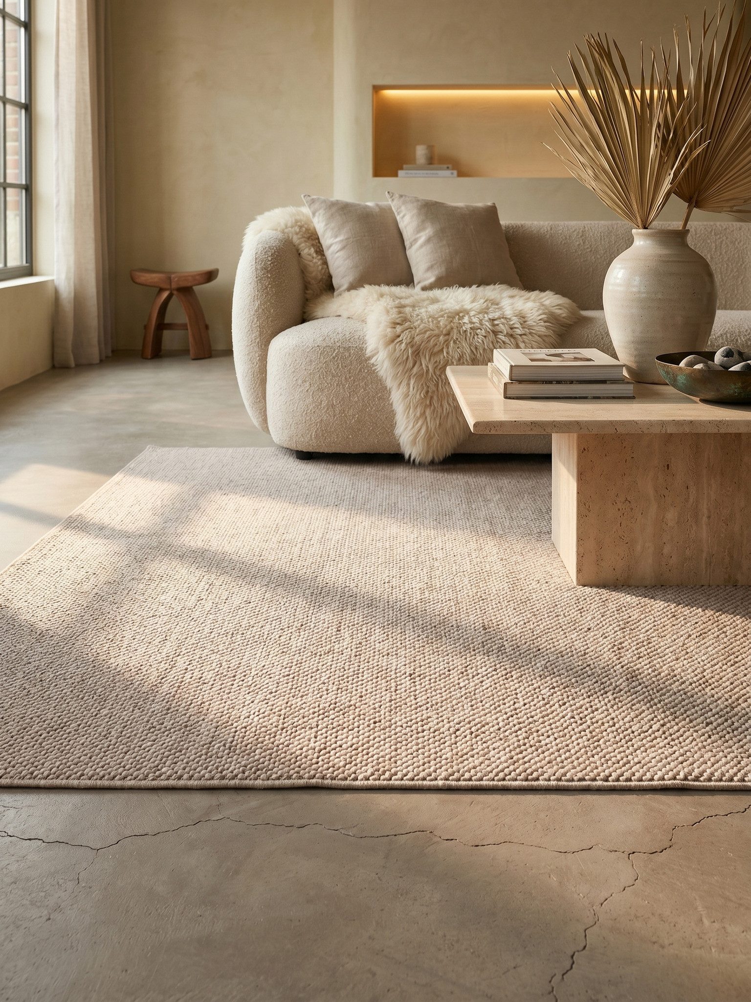 KADIMA DESIGN Teppich LANGAU Flachgewebe Kurzflor Berber Uni Meliert Wohnzimmer Pflegeleicht, Rechteckig, Höhe: 7 mm, Beige, 60x110 cm, Saugroboter OEKO-TEX Fußbodenheizung Strapazierfähig