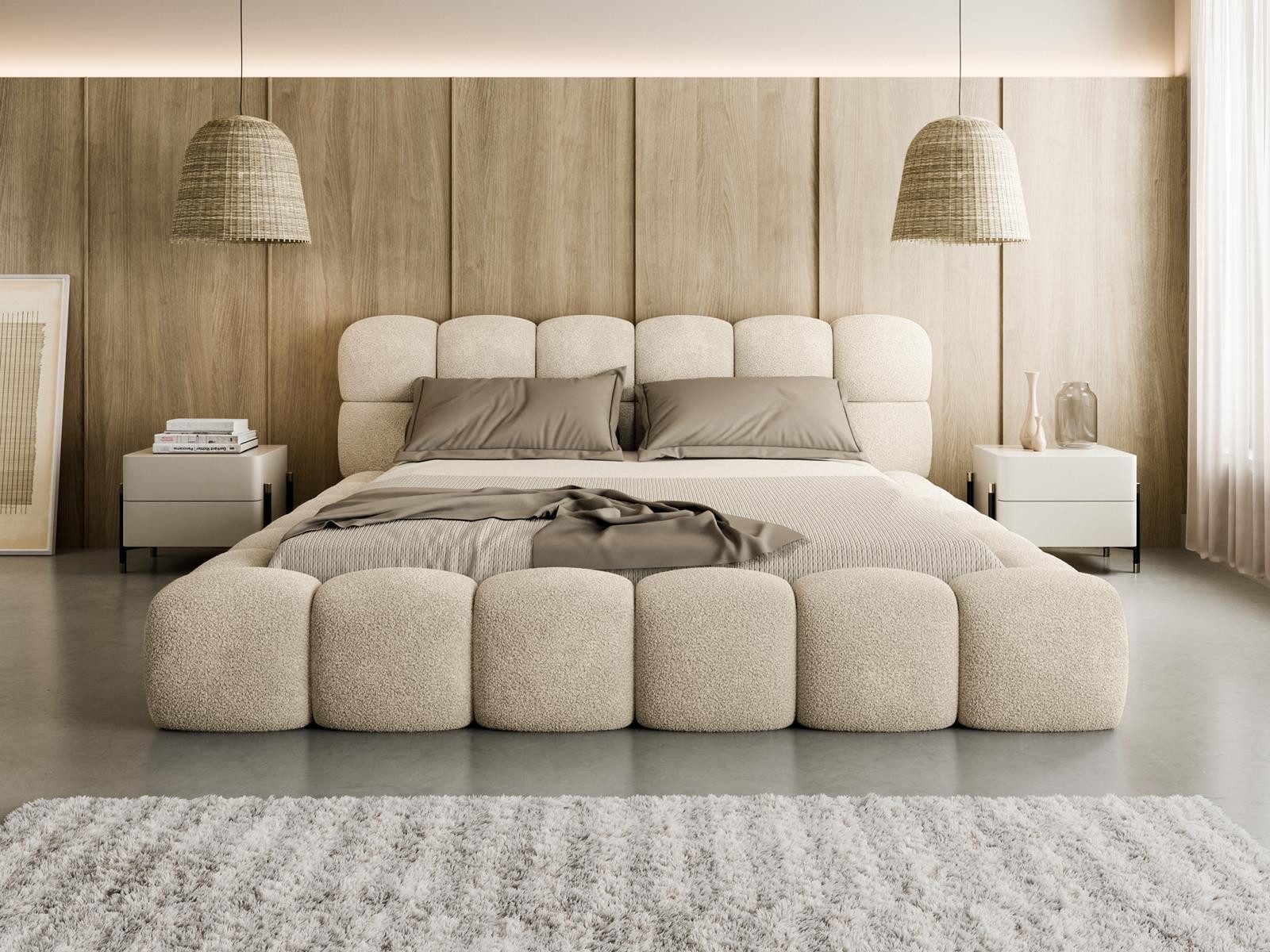 Compleo Polsterbett BIZU BUBBLE mit großem Bettkasten und weichem Kopfteil, modern, 140 × 200 cm, Bouclé-Stoff in Beige, Gestell aus Kiefernholz