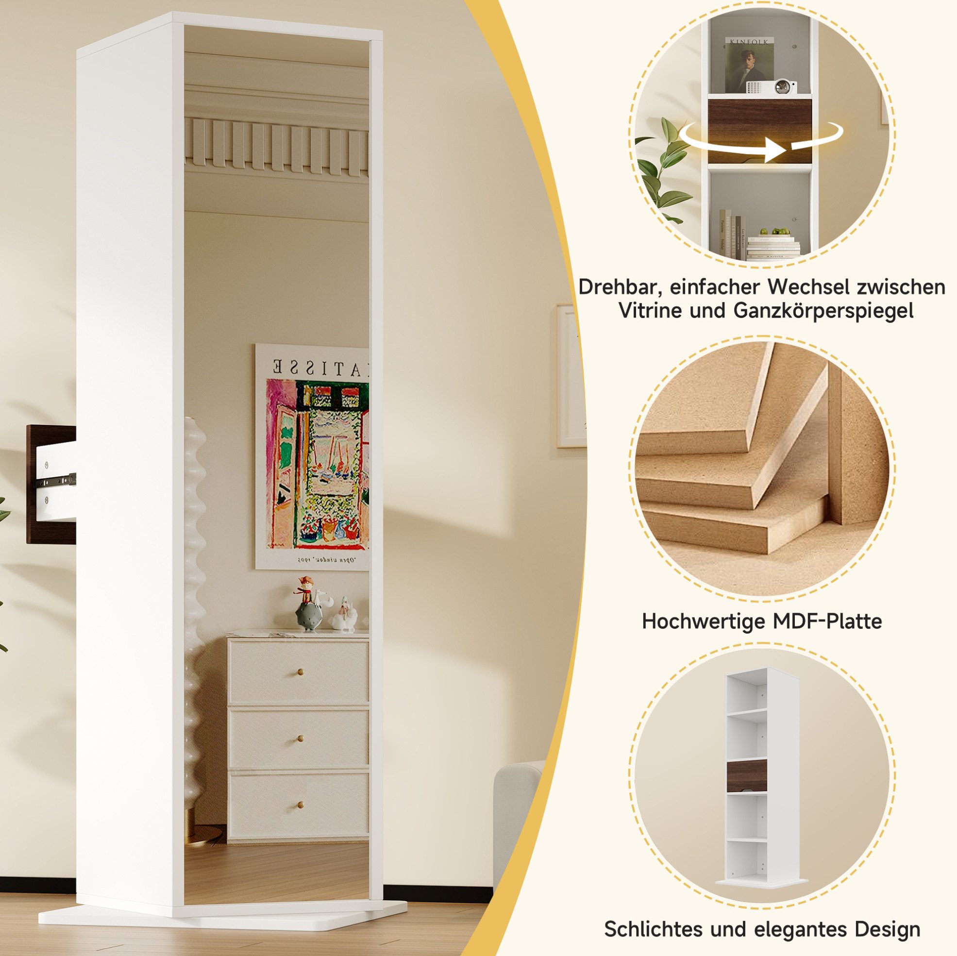 REDOM Spiegelschrank Standspiegel mit Stauraum, 360° drehbarer Spiegel-Schrank (mit offenen Regalen, Führungsschienen-Schublade und praktischem Aufbewahrungskonzept, Hochschrank Badschrank)