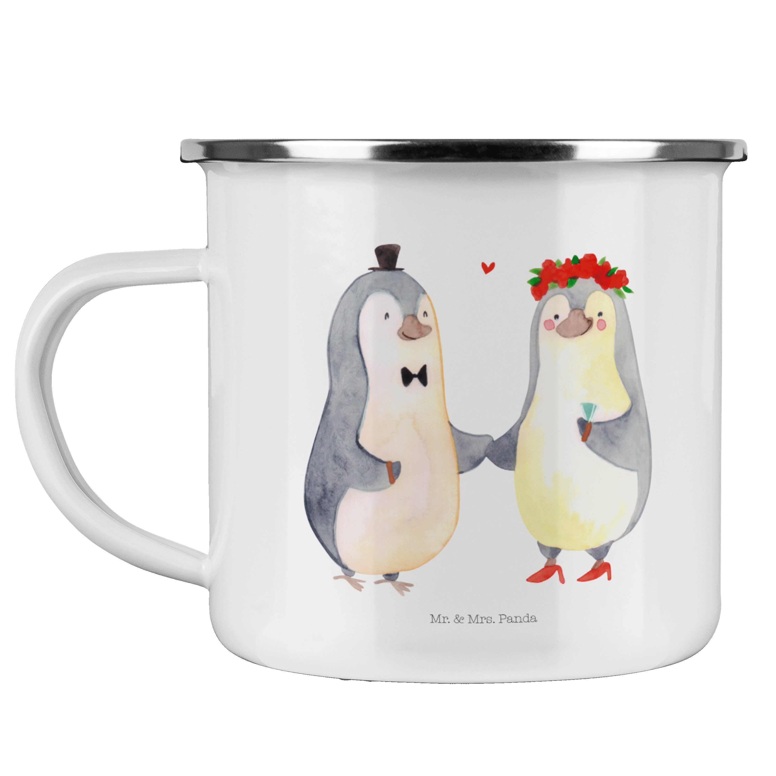 Becher C, Mrs. Emaille Bräutigam, - Geschenk, Mr. Panda Heirat - Edelstahl Weiß & Pinguin Trinkbecher,