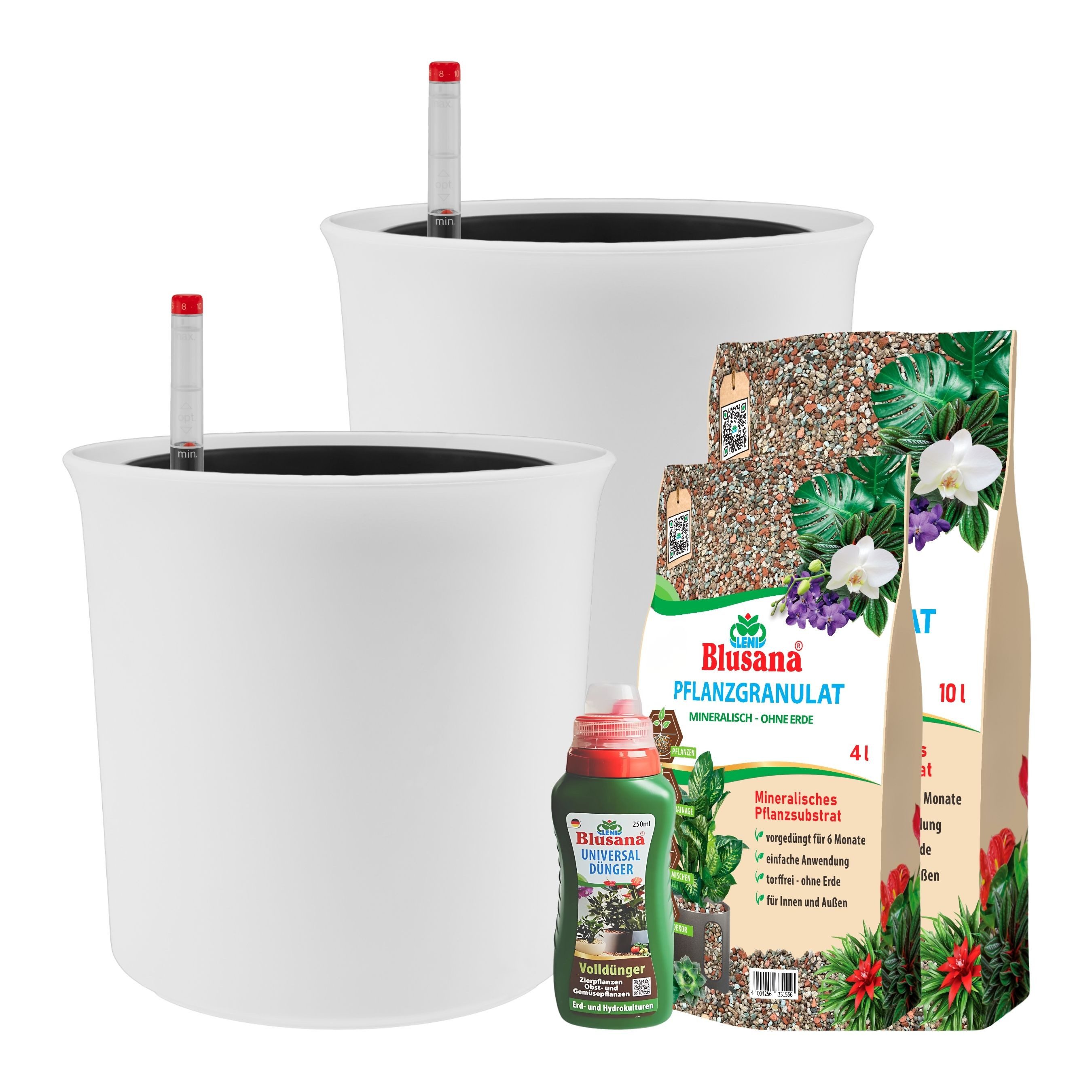 LENI Blumentopf Atlas Blumentopf Kunststoff matt 18/19 Hydro-Komplettset 2er-Pack Weiß (Hydrokultur-Set, Übertopf, Kulturtopf, Gießanzeige, Substrat vorgedüngt, Flüssigdünger), wasserdichtes Pflanzgefäß für Indoor & Outdoor