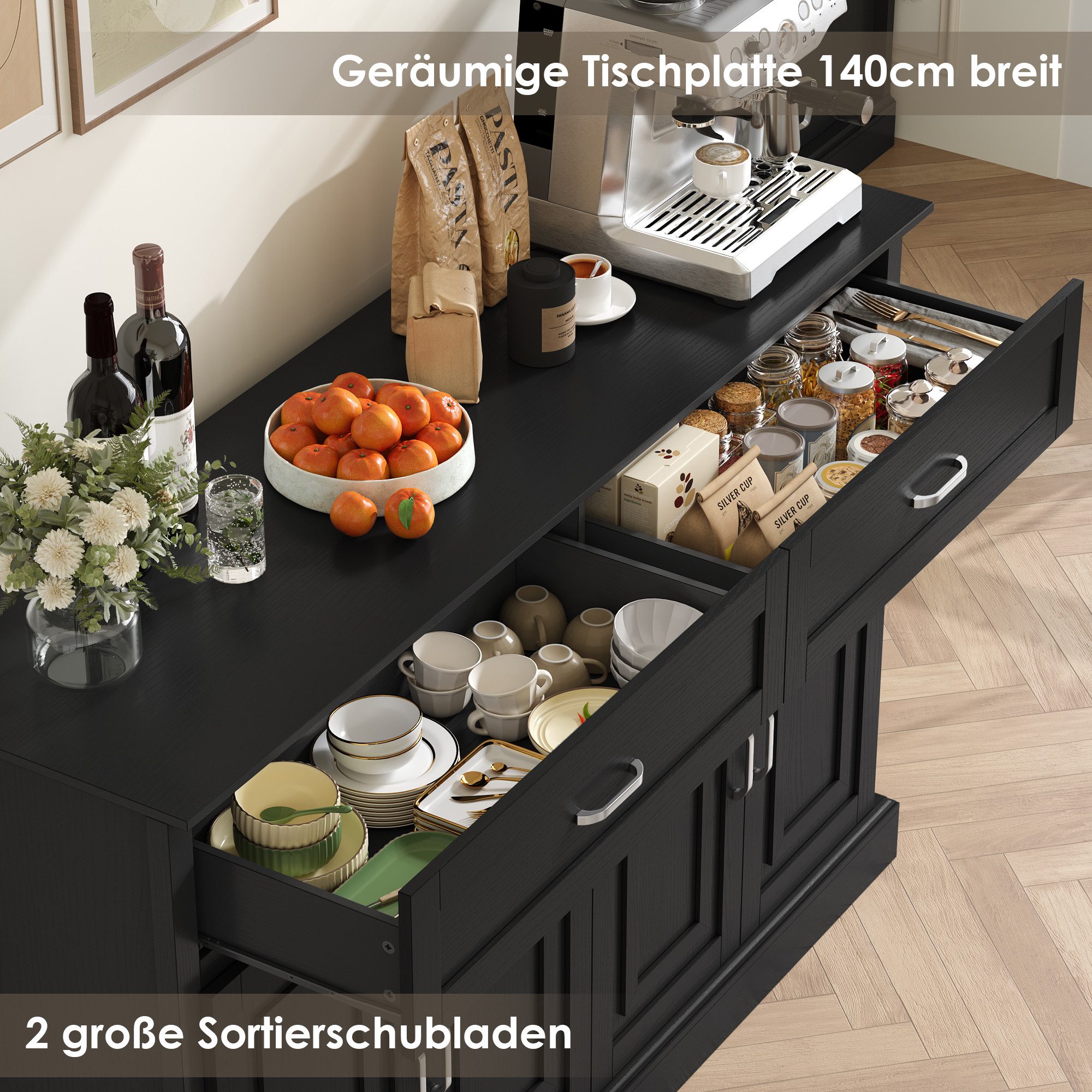Homfa Sideboard Breite 140cm Küchenschrank Buffetschrank, mit Arbeitsplatte, verstellbaren Regalen, 140x39,5x92,5cm – Bild 5 von 5