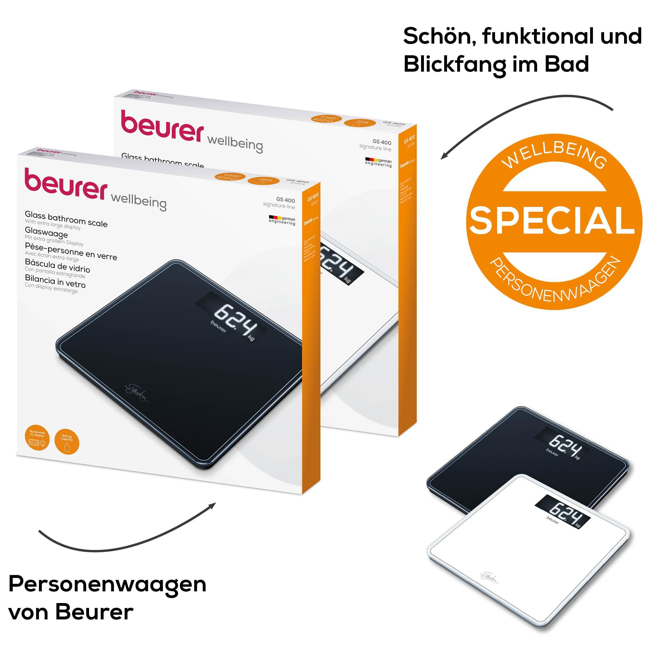 BEURER Personenwaage GS 400, große Trittfläche mit 8 mm weißem Sicherheitsglas, XL-Display, Tragkraft bis 200 kg und praktische Einschaltautomatik