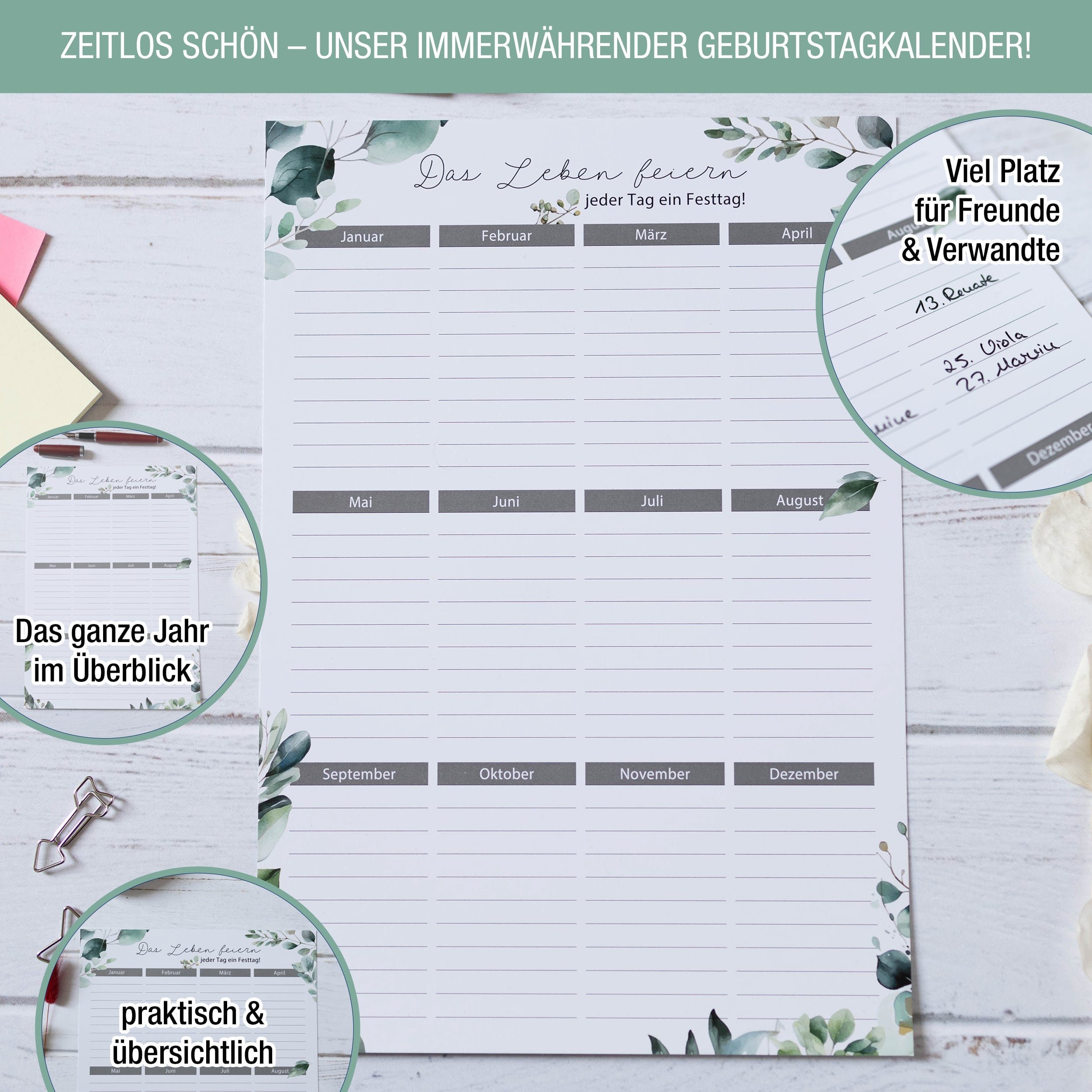 TOBJA Geburtstagskalender Geburtstagskalender immerwährend 2er Set A4 Wandkalender, Eukalyptus Design - Geburstagsplaner Jahresunabhängig