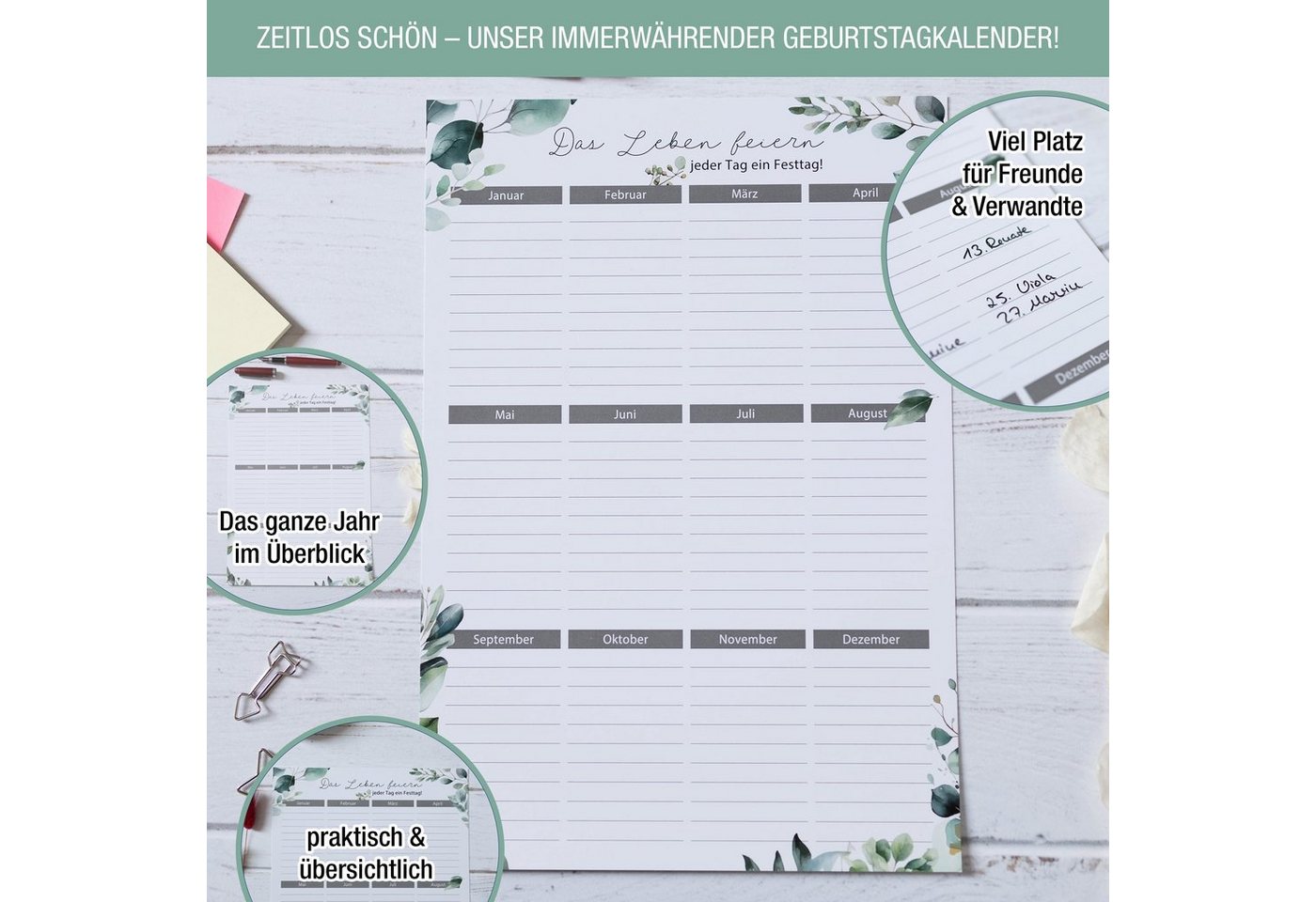 Thumbnail - TOBJA Geburtstagskalender Geburtstagskalender immerwährend 2er Set A4 Wandkalender, Eukalyptus Design - Geburstagsplaner...
