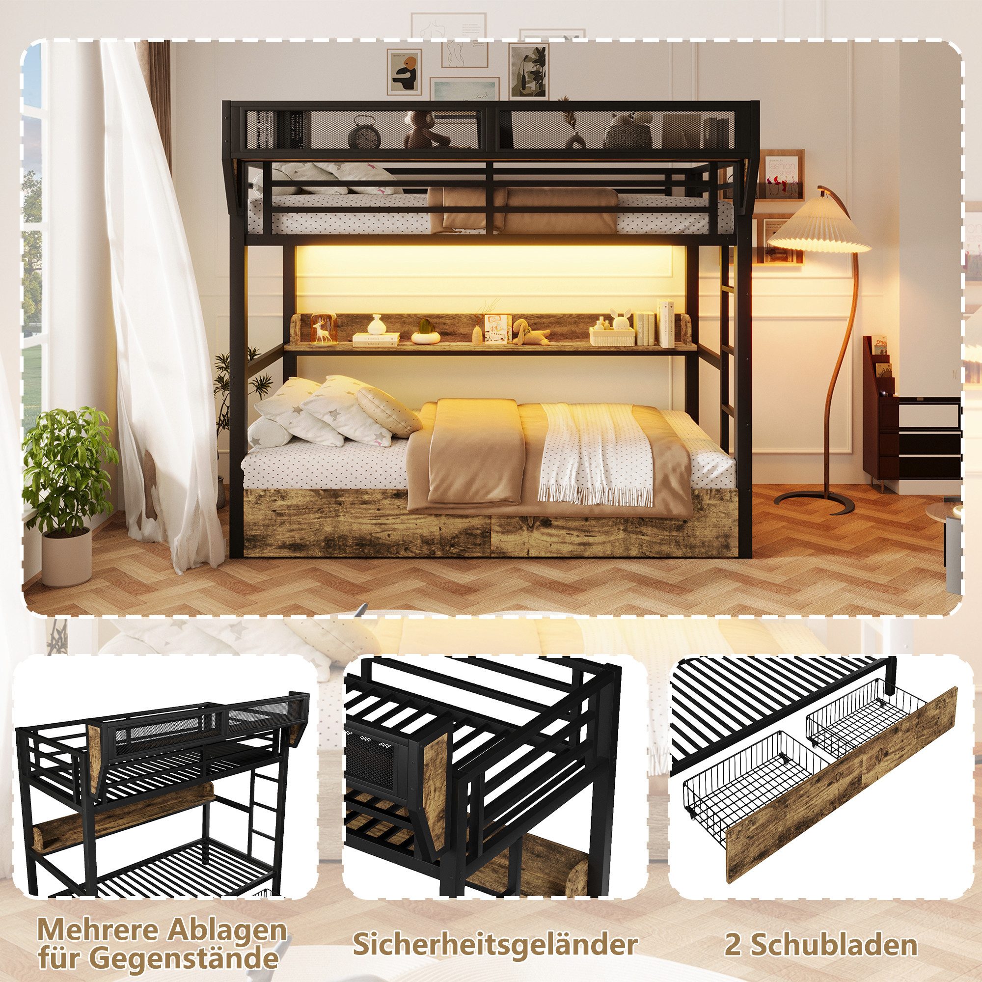 REDOM Etagenbett mit LED-Licht und Stauraum, Metallbett mit Schubladen & Regal (mit Aufbewahrungskorb, Kinderbett Metallbett, Jugendbett 90x200 cm), ohne Matratze
