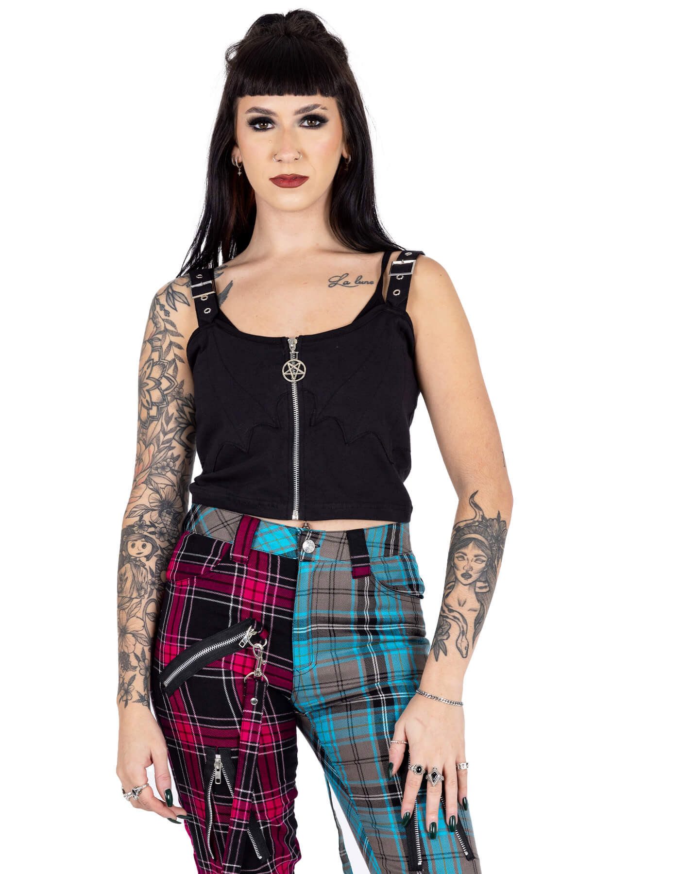 Heartless Trägertop Evaki Punk Goth Gothic Schnallen Träger Pentagramm Fledermaus