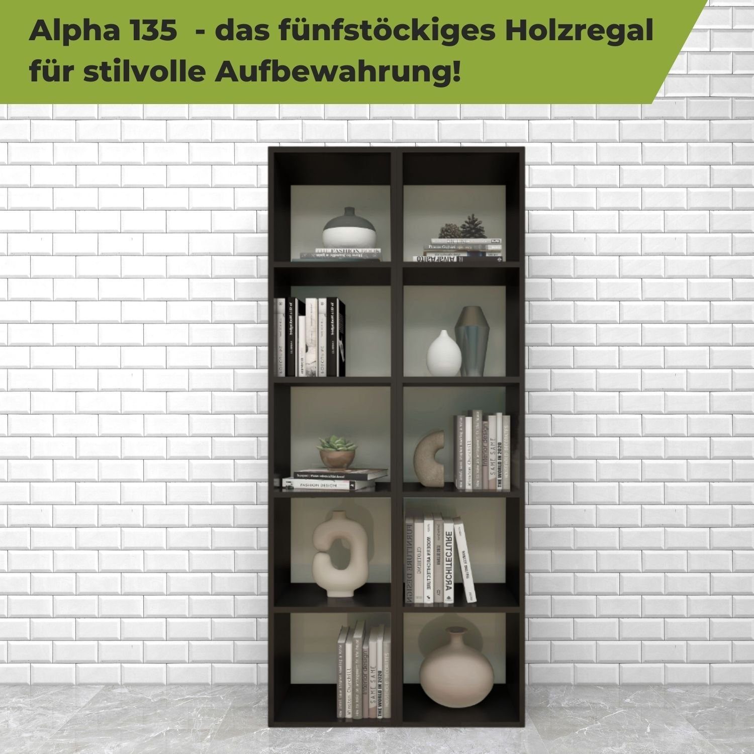 Coemo Regal, Standregal Alpha Fächer Bücherregal 5 135 40x25x135 cm Holz Schwarz
