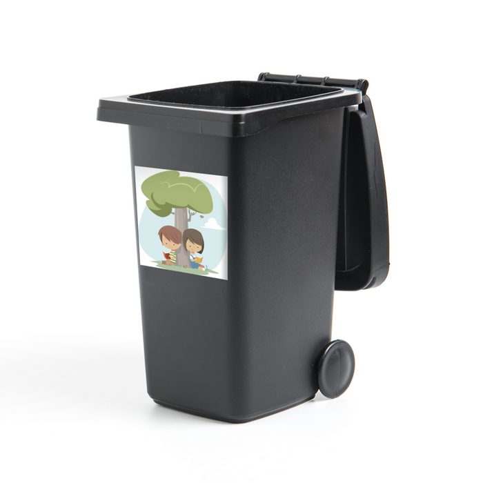 MuchoWow Wandsticker Illustration von zwei lesenden Kindern (1 St) Mülleimer-aufkleber Mülltonne Sticker Container Abfalbehälter