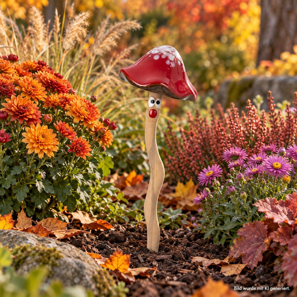 XiRRiX Gartenstecker Beetstecker Pilz mit Wackelfunktion (aus Keramik, Gartendeko) Herbst Deko Pilz Fliegenpilz – Bild 3 von 4
