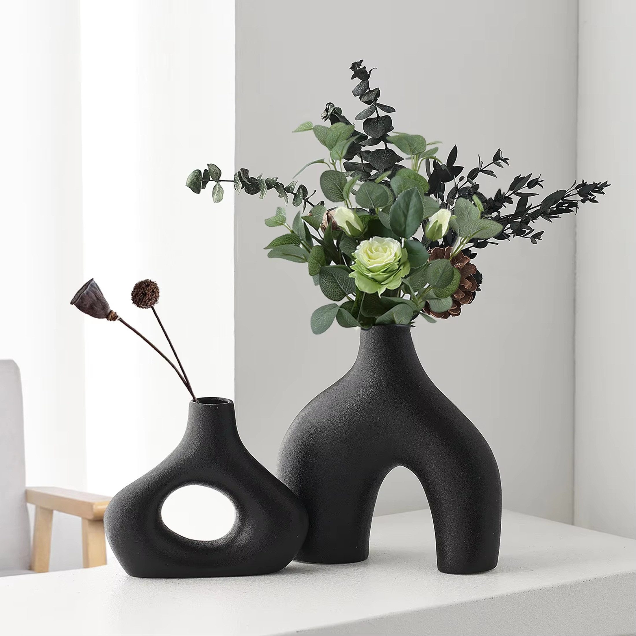Dekovase Keramik Vase, 2er Pampasgras Vasen, Getrocknete Blumenbehälter
