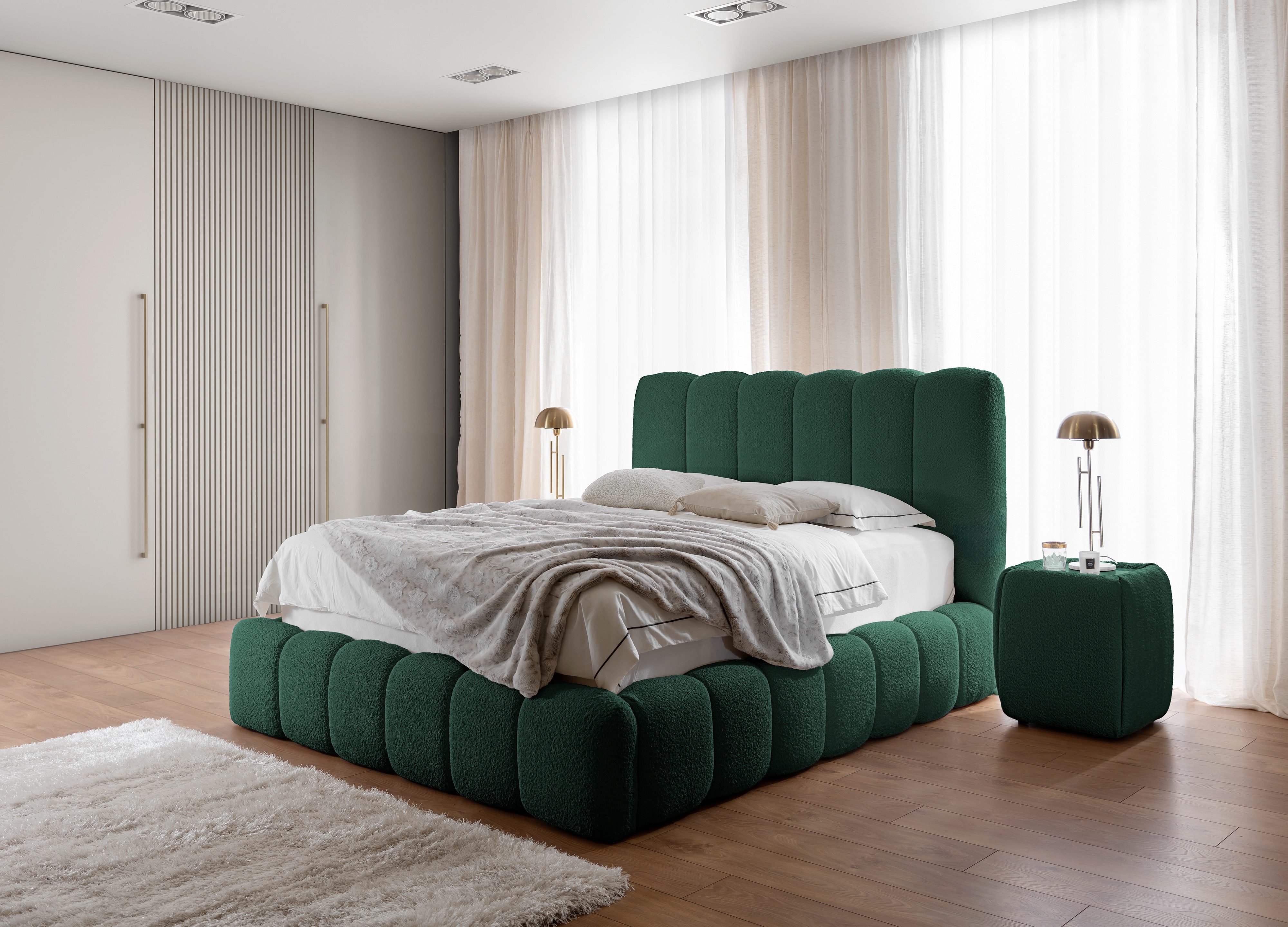 Friderik-EU Polsterbett CANDE mit Bettkasten, Lattenrost und gepolstertem Kopfteil, Wolkenbett (Doppelbett mit Stauraum, Stabilem Holzrahmen, Bouclé-Stoff)