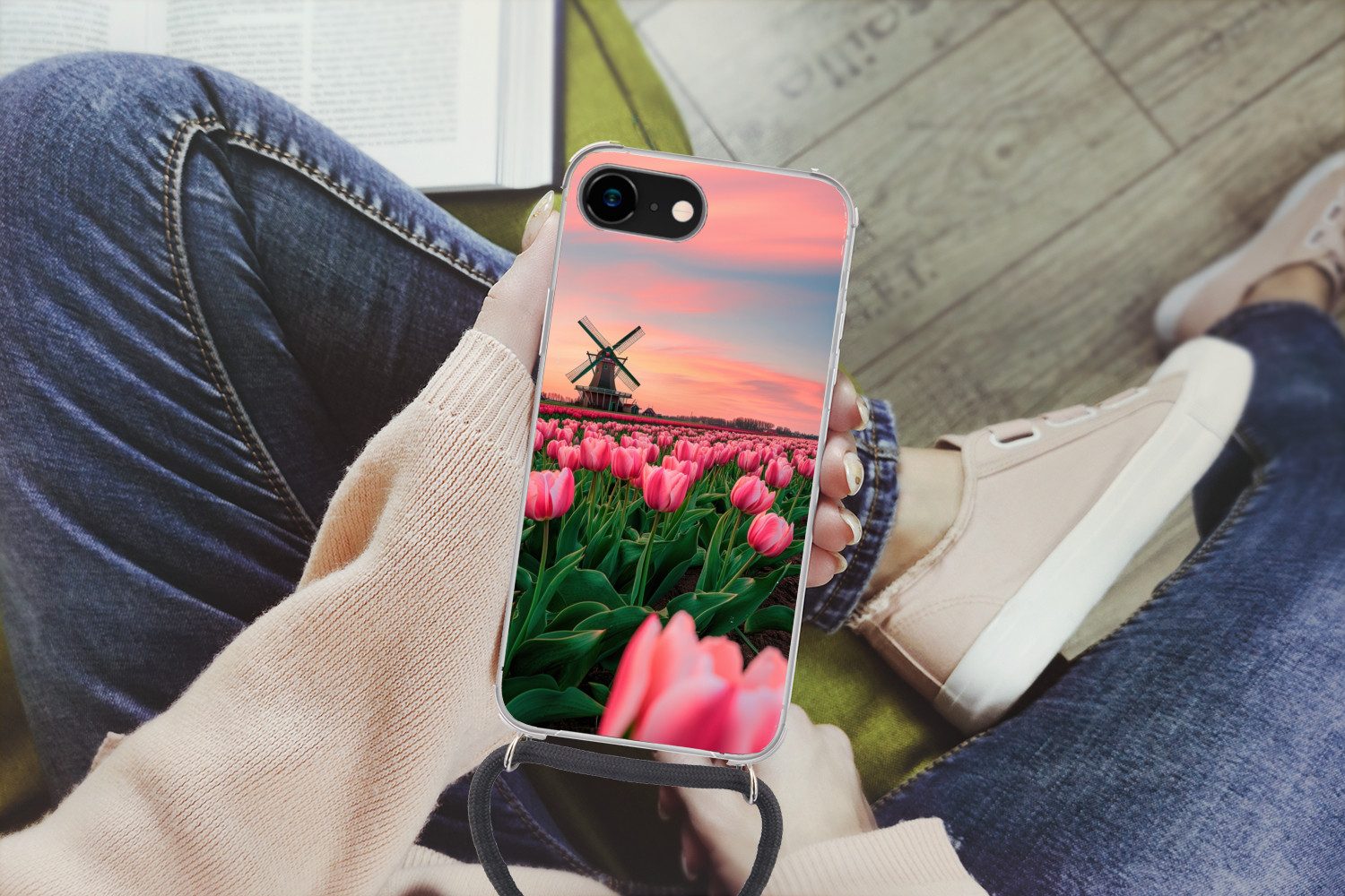 MuchoWow Handyhülle für Apple iPhone 8 Tulpen - Mühle - Niederlande, Tragbare Handyhüllen mit Kette zum umhängen, Handykette Handyband