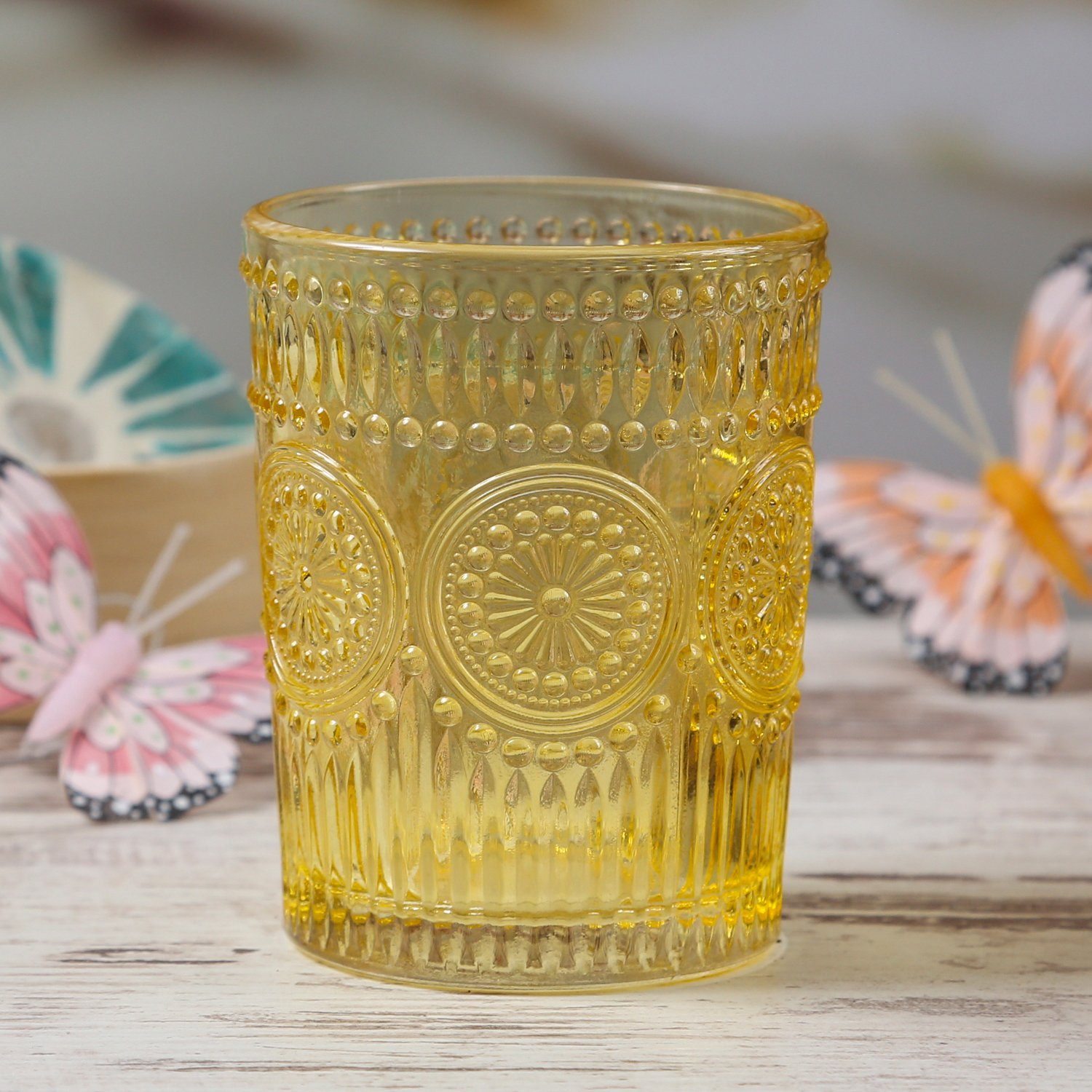 MARELIDA Glas Trinkglas gelb 280ml Wasserglas Saftglas Vintage Boho Blumenmuster, 1-tlg., Glas