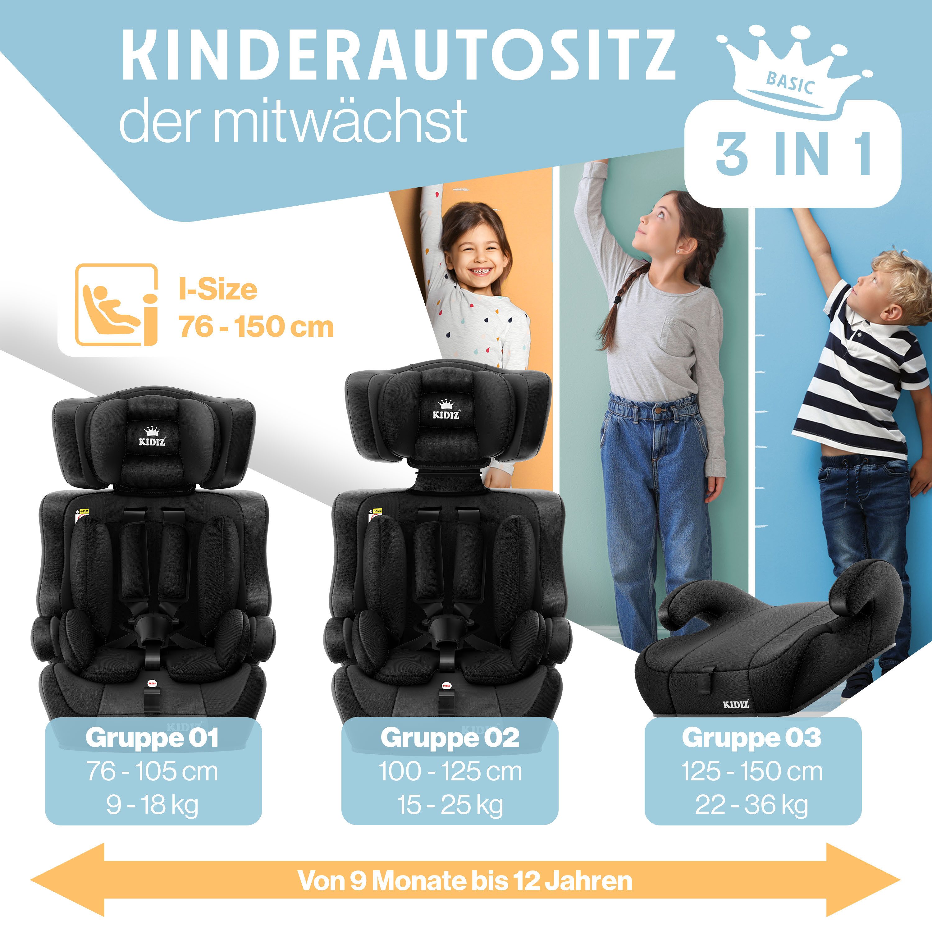KIDIZ Autokindersitz 9-36kg Körpergewicht & 76-150cm Körpergröße, wächst mit ihrem Kind, bis: 1-12 Jahre, Geprüft & Zugelassen nach ECE R 129/03 – Bild 4 von 5