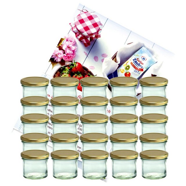 MamboCat Einmachglas 25er Set Sturzglas 125 ml Marmeladenglas Einmachglas Einweckglas To 66 goldener Deckel incl. Diamant-Zucker Gelierzauber Rezeptheft