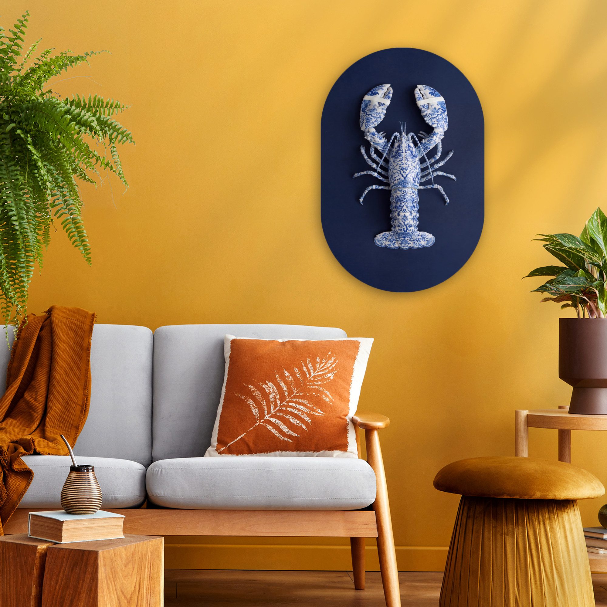 MuchoWow Gemälde Hummer - Porzellan - Delfter Blau, Fotodruck (1 St), Wandbild Oval, Wohnzimmer oder Schlafzimmer Wanddekoration, 40x60 cm