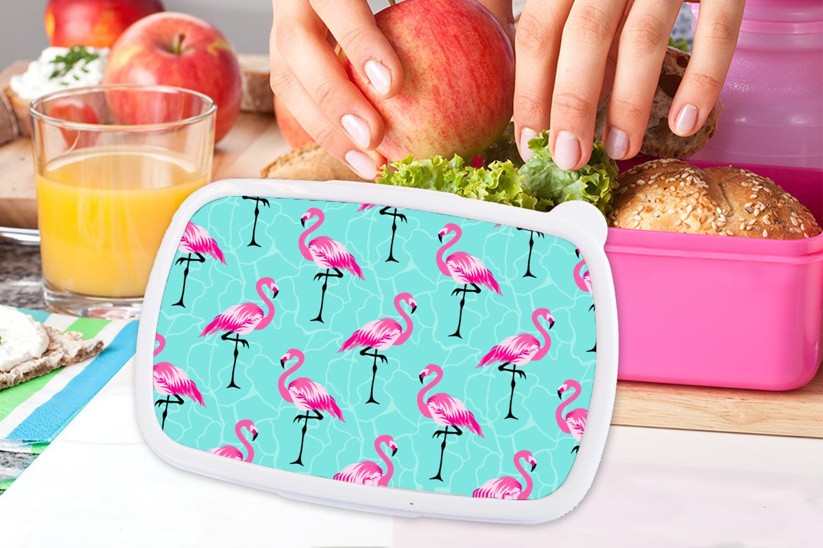 Kunststoff, Erwachsene, - Kunststoff Mädchen, Muster, - MuchoWow Lunchbox Brotdose Kinder, (2-tlg), Rosa Flamingo Brotbox Snackbox, für