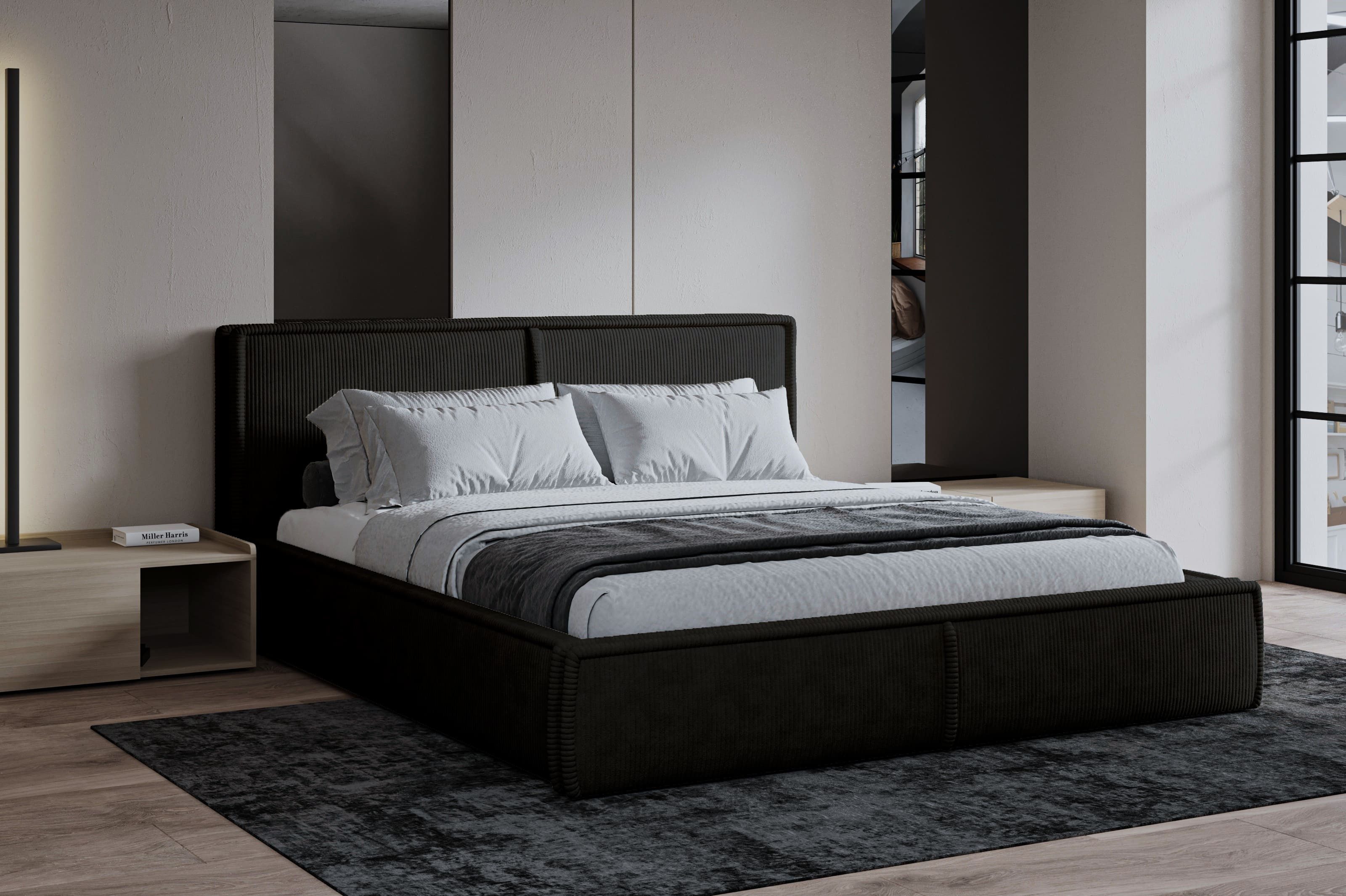 MOEBLO Polsterbett BETT 04 (Bezug: aus Cord, Doppelbett mit Kopfstütze, Rahmenbettgestell 140x200, mit Bettkasten und Lattenrost), mit Bettkasten