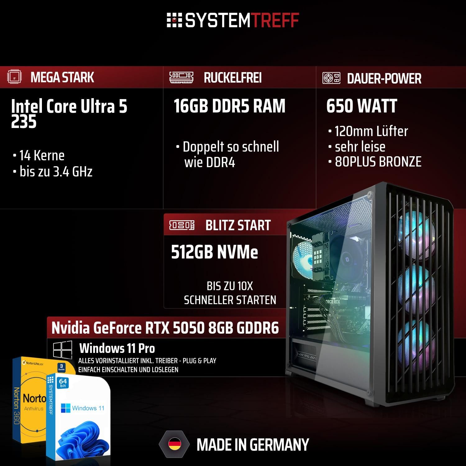 SYSTEMTREFF Intel Core Ultra 5 235 mit Nvidia GeForce RTX 5050 8GB GDDR6 Gaming-PC (Intel 235 235, Nvidia GeForce RTX 5050, 16 GB RAM, 512 GB SSD, Luftkühlung)