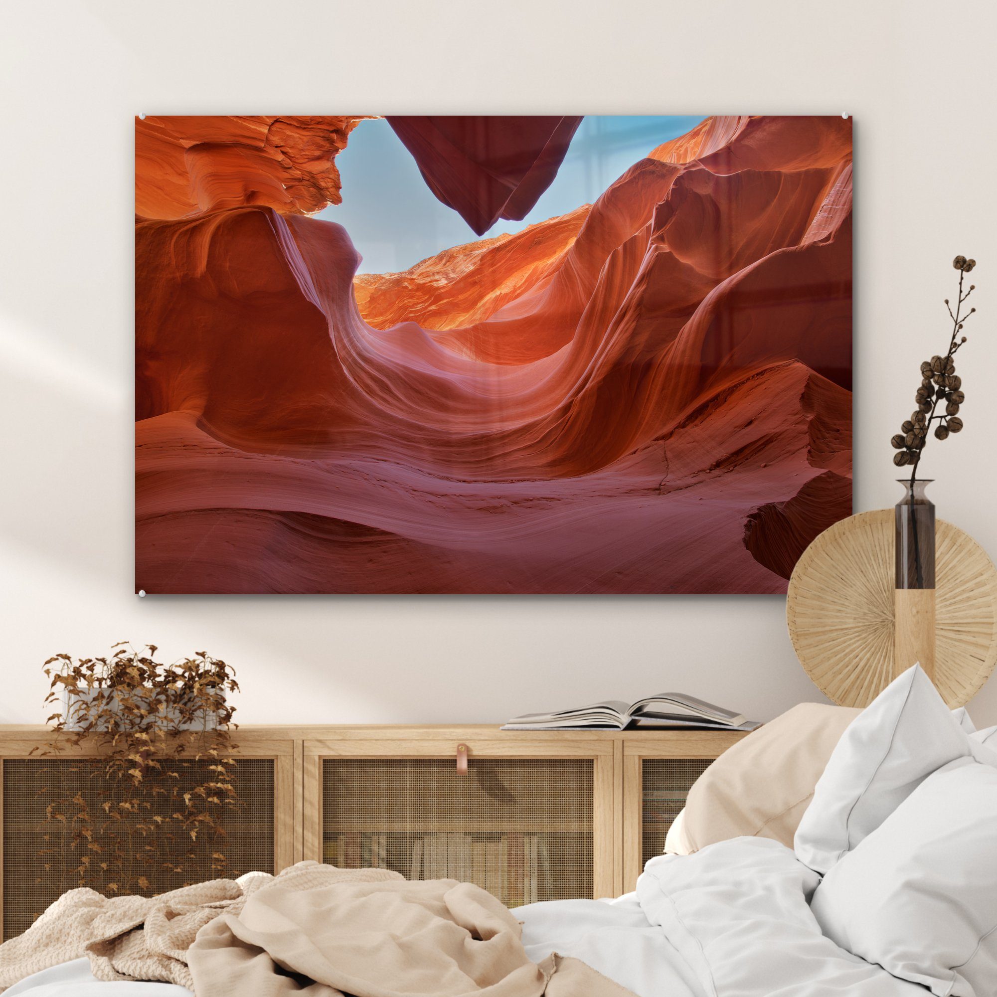 MuchoWow Acrylglasbild Felsen unter Acrylglasbilder Schlafzimmer Sonne St), & brennenden im der Wohnzimmer (1 Antelope Canyon