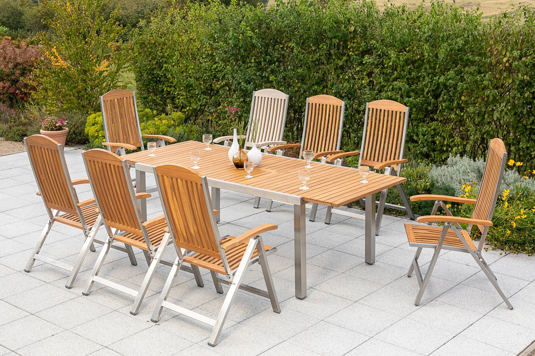 MERXX Garten-Essgruppe Keros, (9-tlg), 8 Klappsessel mit ausziehbarem Tisch