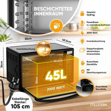 Stillstern Minibackofen MB45-LED 2G (45L) Deutsche Version, Ofenhandschuhe, Rezeptheft, Drehspieß, Timer, Innenbeleuchtung