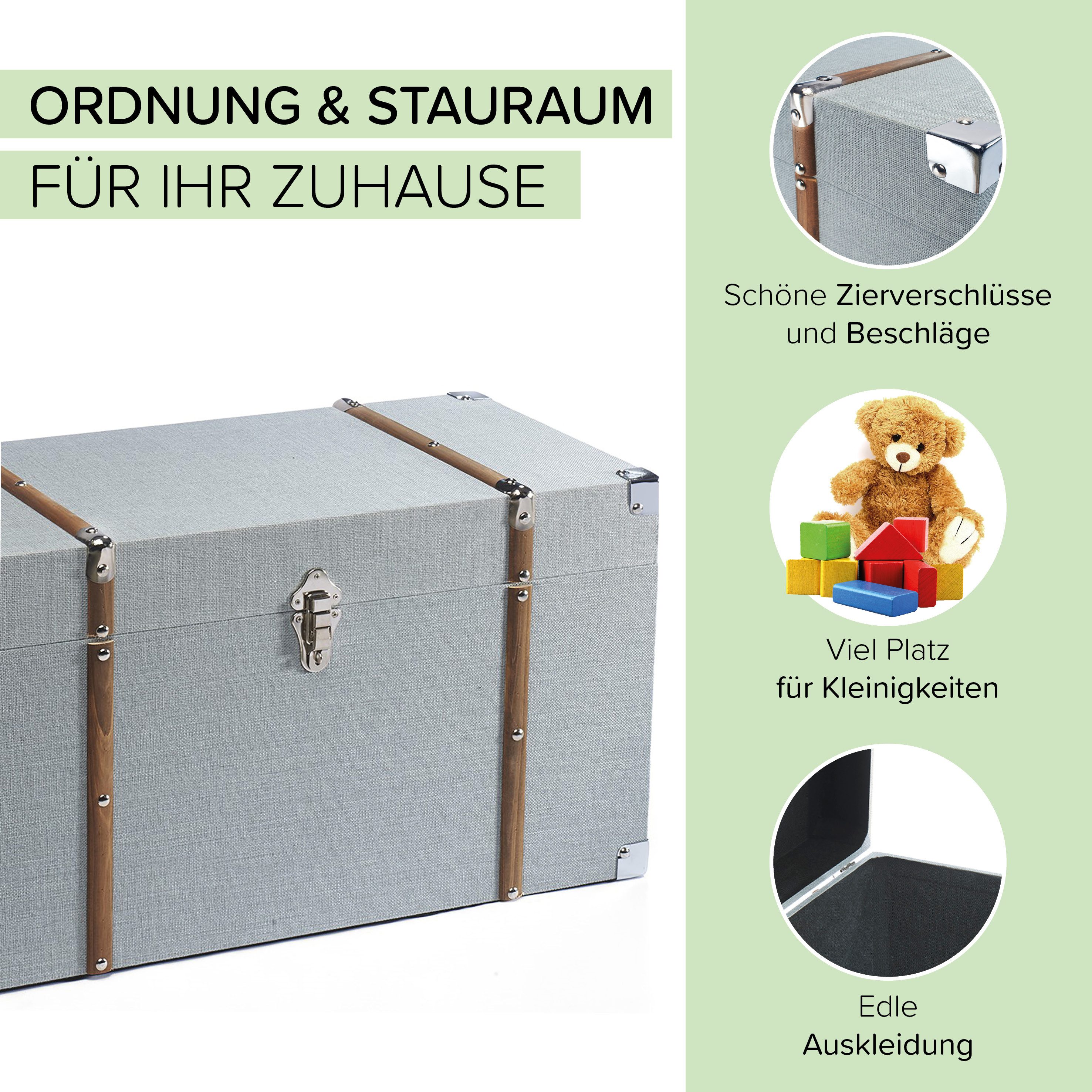 Kobolo Truhe Schatztruhe Holztruhe MINT - mit Textilbezug grau (1 St), mit Metall- und Holzdetails