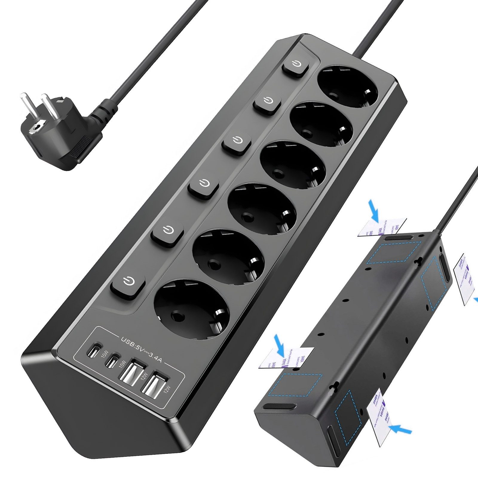 AKKEE Tischsteckdosenleiste mit 4/5/6 Steckdosen, Unabhängigem Schalter Mehrfachsteckdose (2M Verlängerungskabel für Küche, Büro, Haushalt), Steckdosenleiste Mit 4 USB (2 USB C)+5 Fach Steckdose