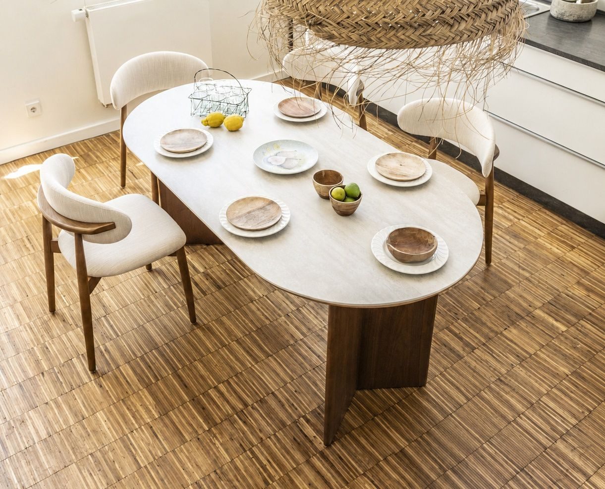 Vintagehaus Essgruppe Travertin Tisch Tivoli + Esszimmerstühle Linea
