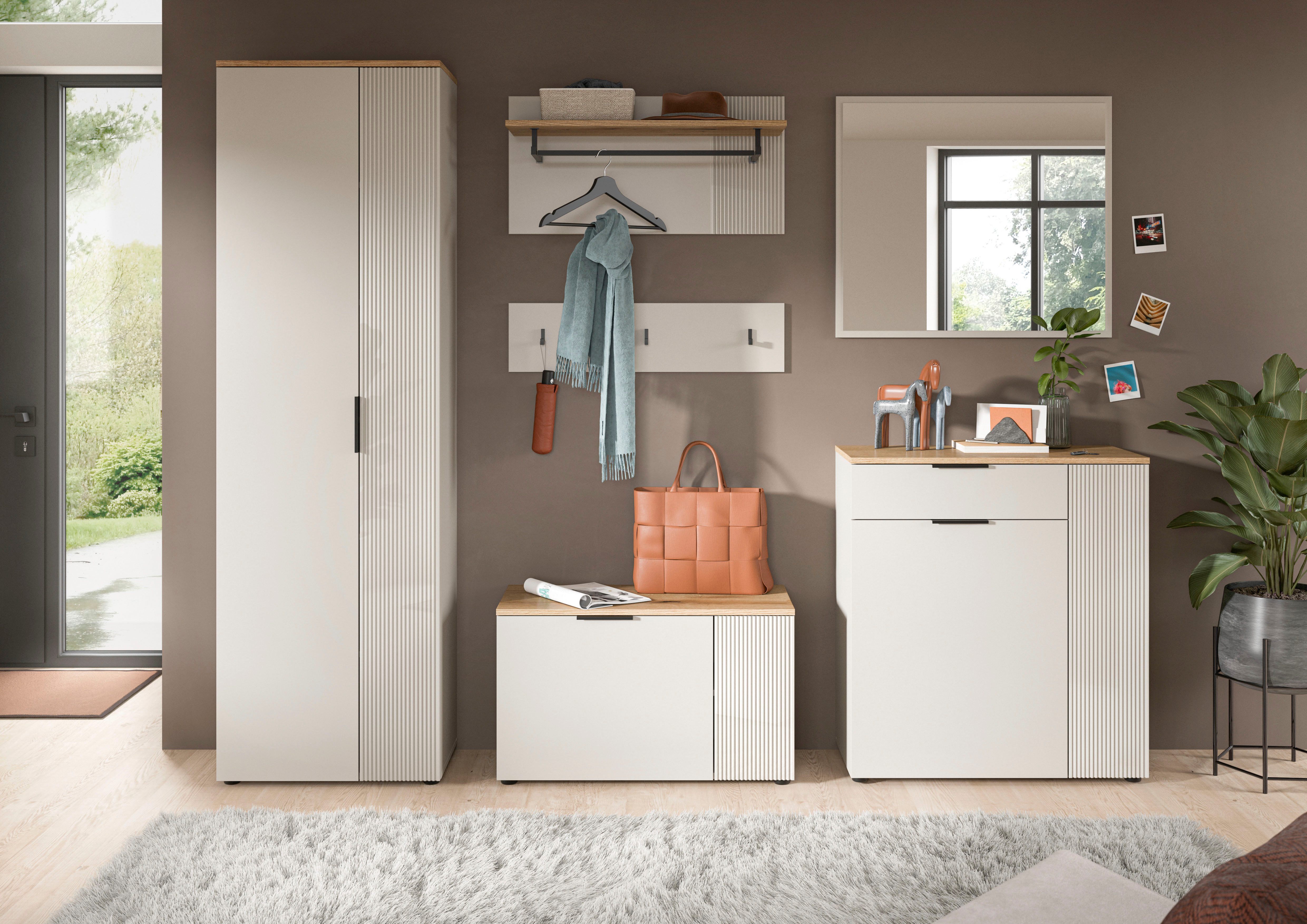 Home affaire Garderoben-Set EDIL, Breite 250 cm, 6-teilig, Front mit hochwertiger Längstfräsung, (Set, 5-St., Hochschrank, Sitzbank, Paneel, Hakenleiste, Kommode & Spiegel), Garderobenkombination, Kombination, Set, Garderobe, Flurgarderobe