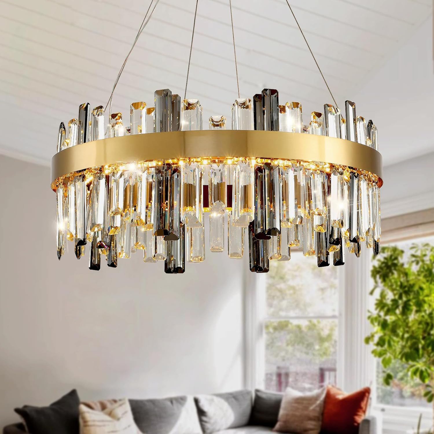 RRBEST Kronleuchter Modern Kronleuchter Kristall Leuchte, Dimmbar Rund Hängeleuchte, Kristall Lampe, LED Pendelleuchte Gold Lichtfarbe Einstellbar