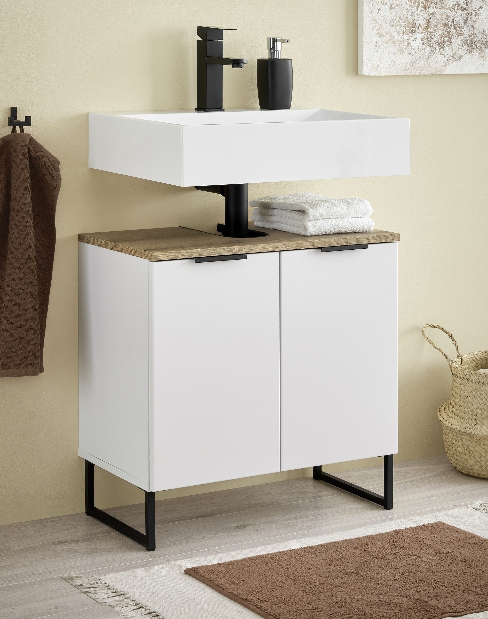 PREISBRECHER Waschbeckenunterschrank Denver 2 Türen, weiß matt / Evoke Eich günstig online kaufen