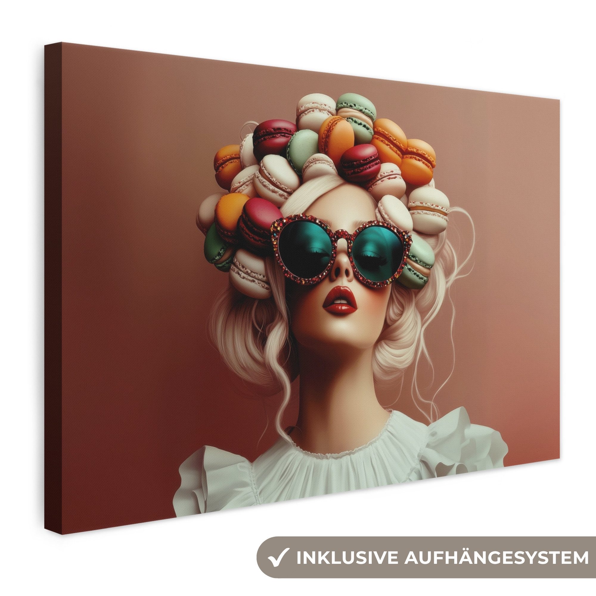 OneMillionCanvasses® Leinwandbild Frau - Makronen - Brille - Küche, Fotodruck (1 St), Leinwand Bilder Klein, Wand Dekoration Aesthetic 30x20 cm