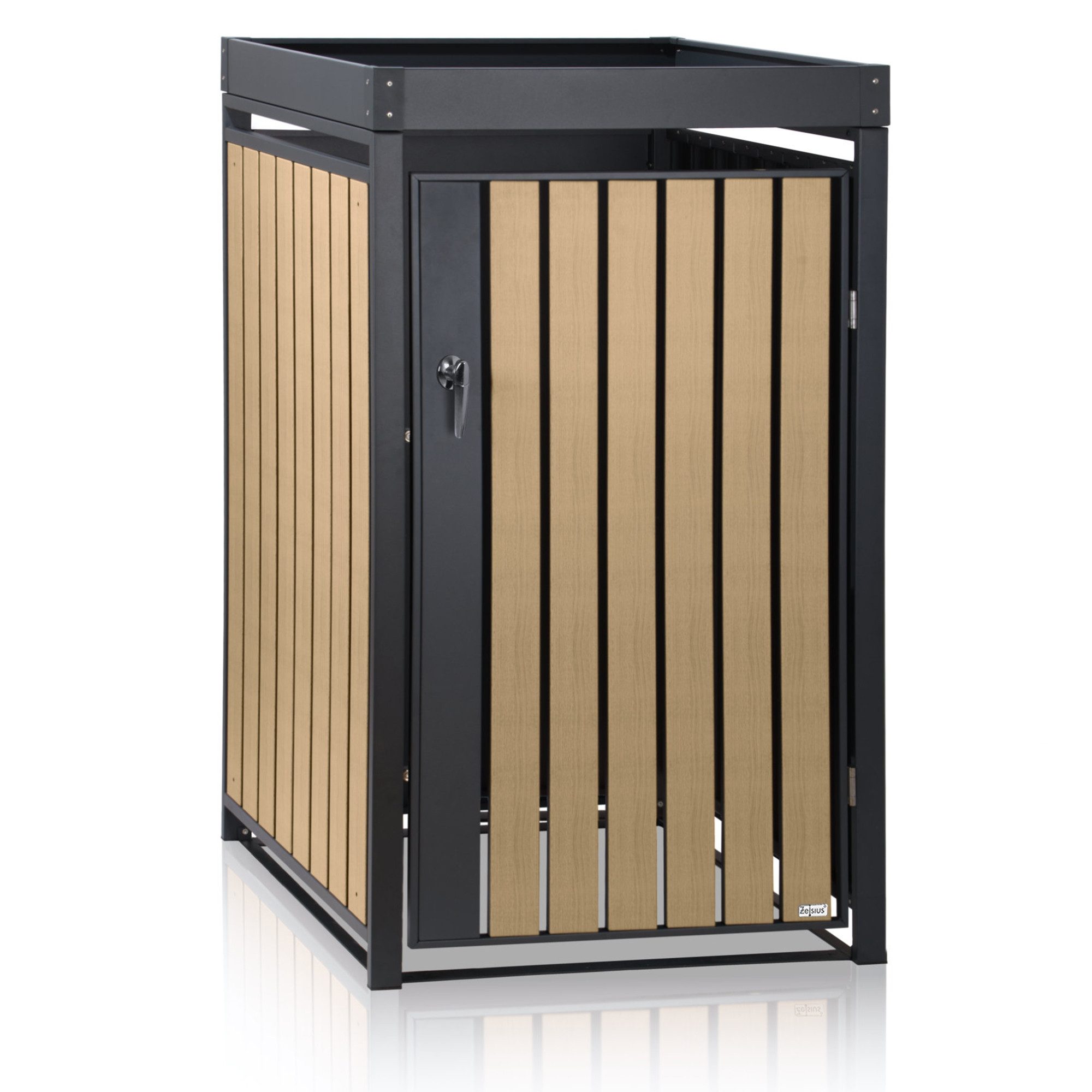 Mülltonnenbox mit Pflanzdach für 120 - 240 L Mülltonnen, RAL 7016, Tür Holzoptik