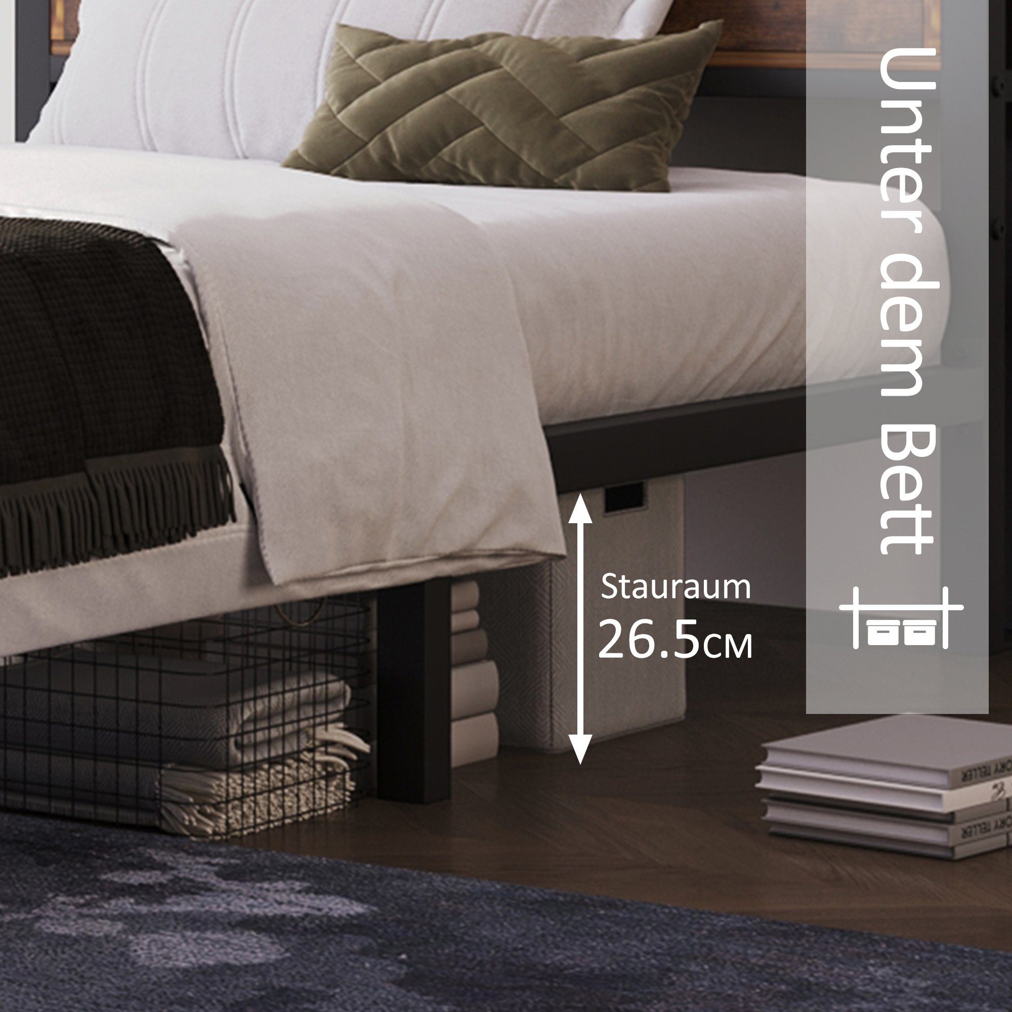 Metallbett (Jugendbett), Doppelbett 140 x 200 cm mit Stauraum-Kopfteil, Lattenrost aus Metall