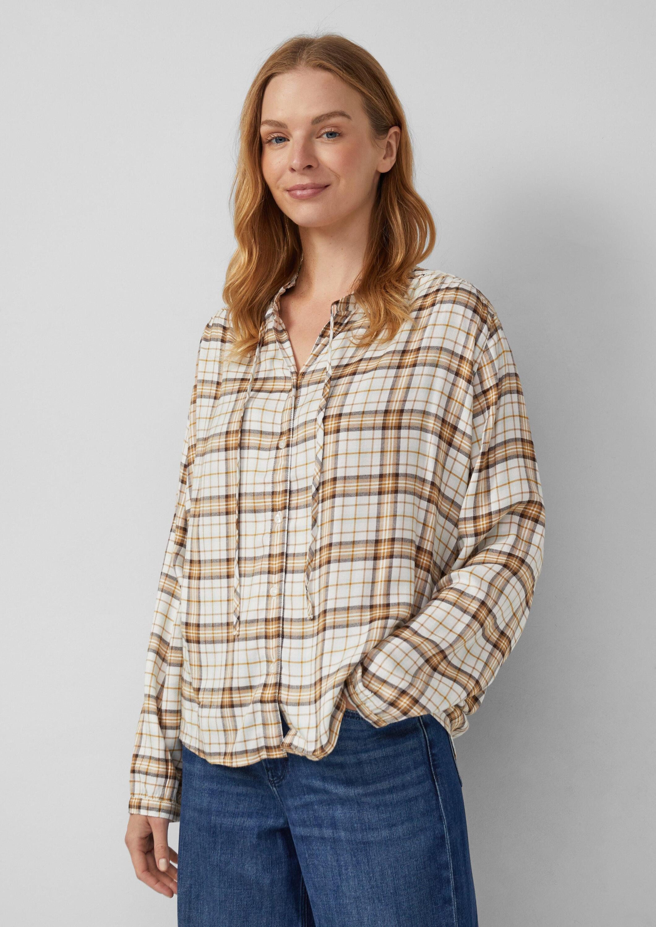s.Oliver Langarmbluse Bluse Karierte Hemdbluse im Relaxed Fit mit Rüschenkragen