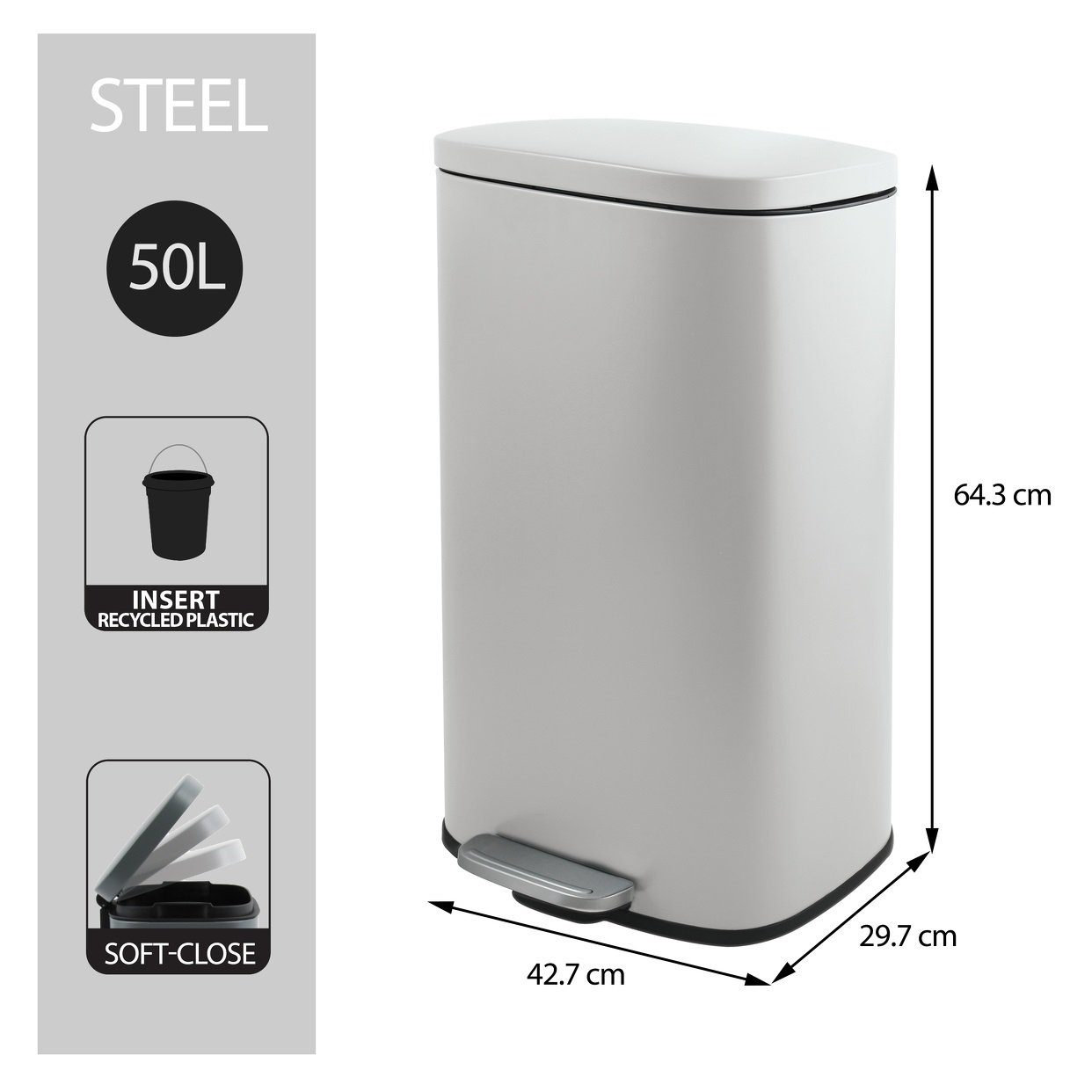 Mülleimer AKIRA, Abfall Treteimer XXL, Softclose Absenkautomatik, herausnehmbarer Innenbehälter, Anti-Fingerprint Oberfläche, Stahl matt-satiniert, für Küche, Büro, Hauswirtschaftsraum, 50 L, weiß