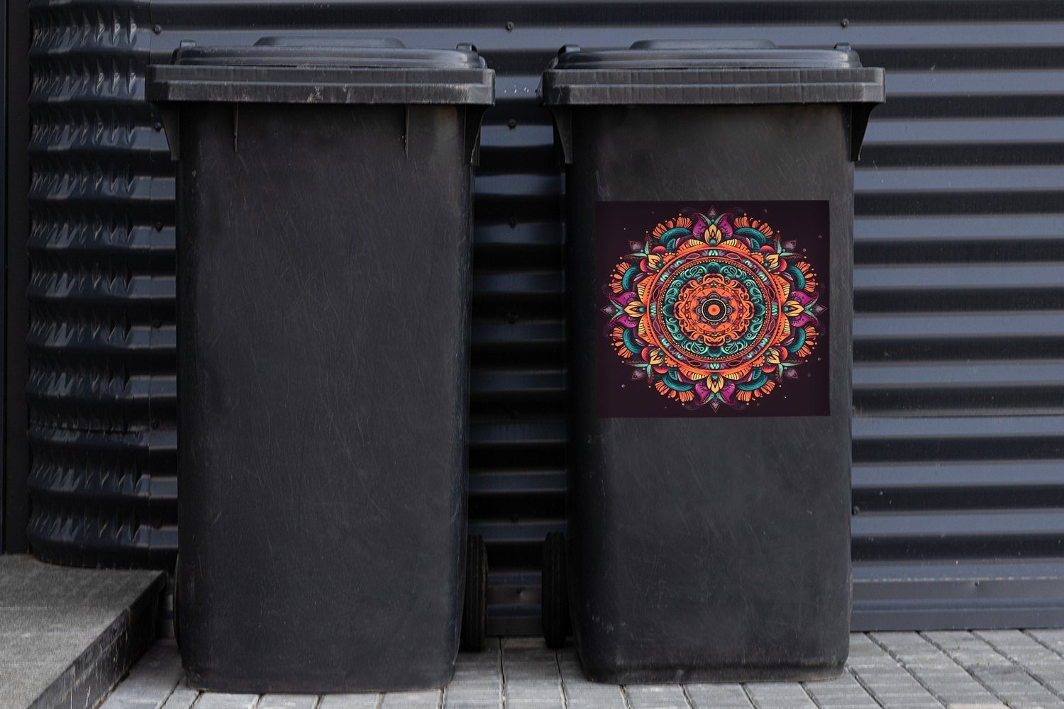 Orange Mandala - - MuchoWow (1 Wandsticker Container, Mülltonne, - - Mülleimer-aufkleber, Abfalbehälter St), Hippie Boho Blumen Sticker,