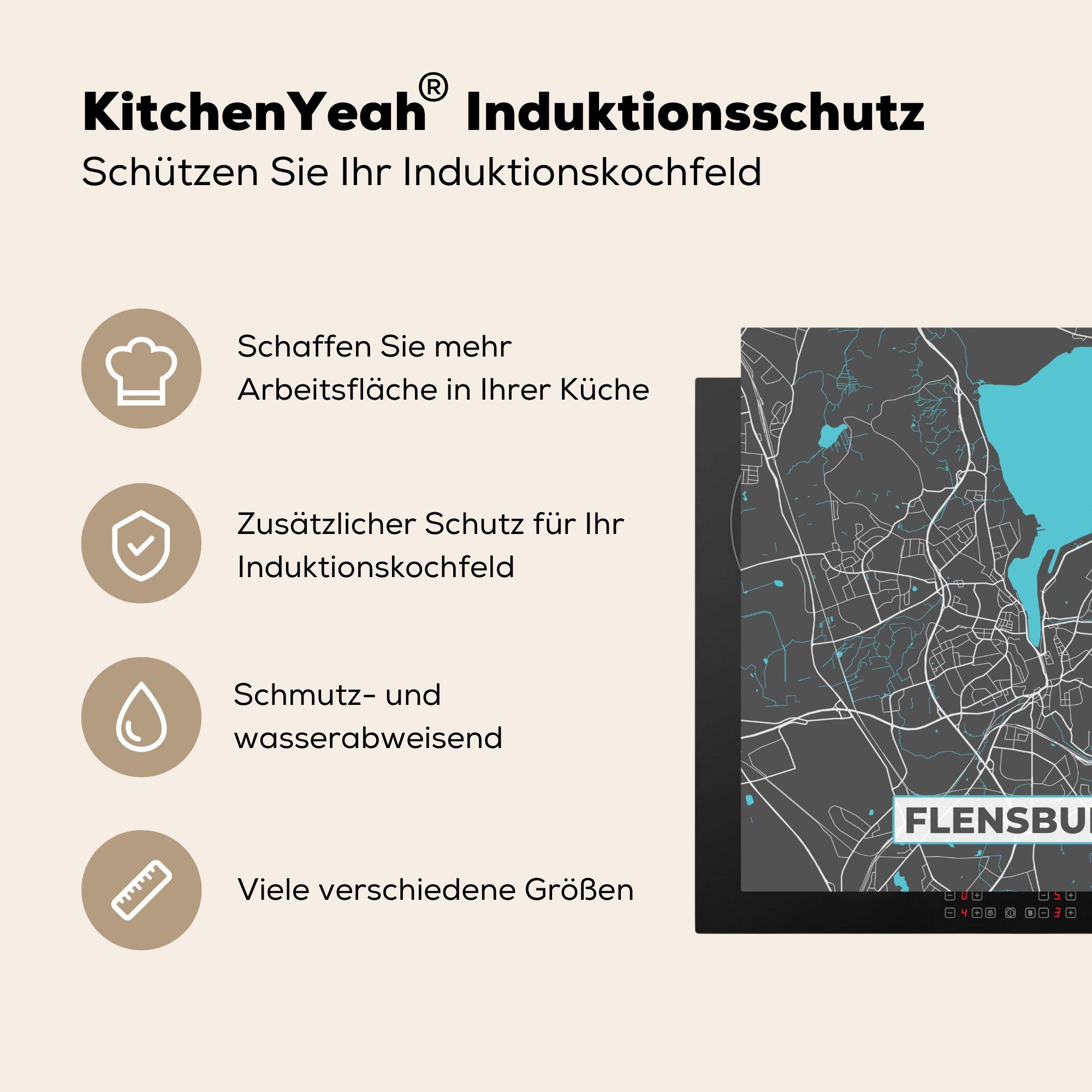 78x78 küche - Karte, - Ceranfeldabdeckung, - Blau (1 tlg), Flensburg cm, - Herdblende-/Abdeckplatte Deutschland MuchoWow Karte für Vinyl, Arbeitsplatte Stadtplan -