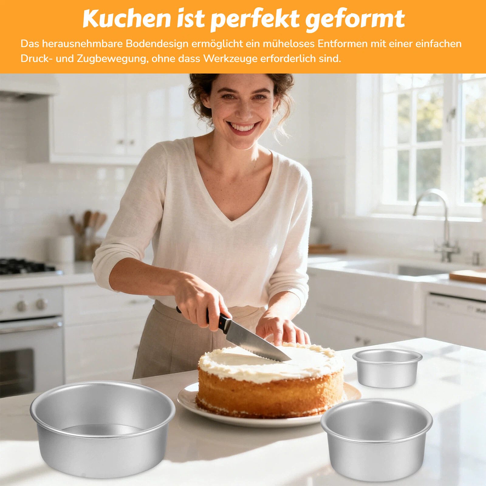 BlingBin Springform Kuchenform Rund 3-Teil-Set, Backform aus Eloxiertem Aluminium, (3er Set 3-tlg), Obstkuchenform mit Abnehmbarer Bodenplatte für Tortenschichten