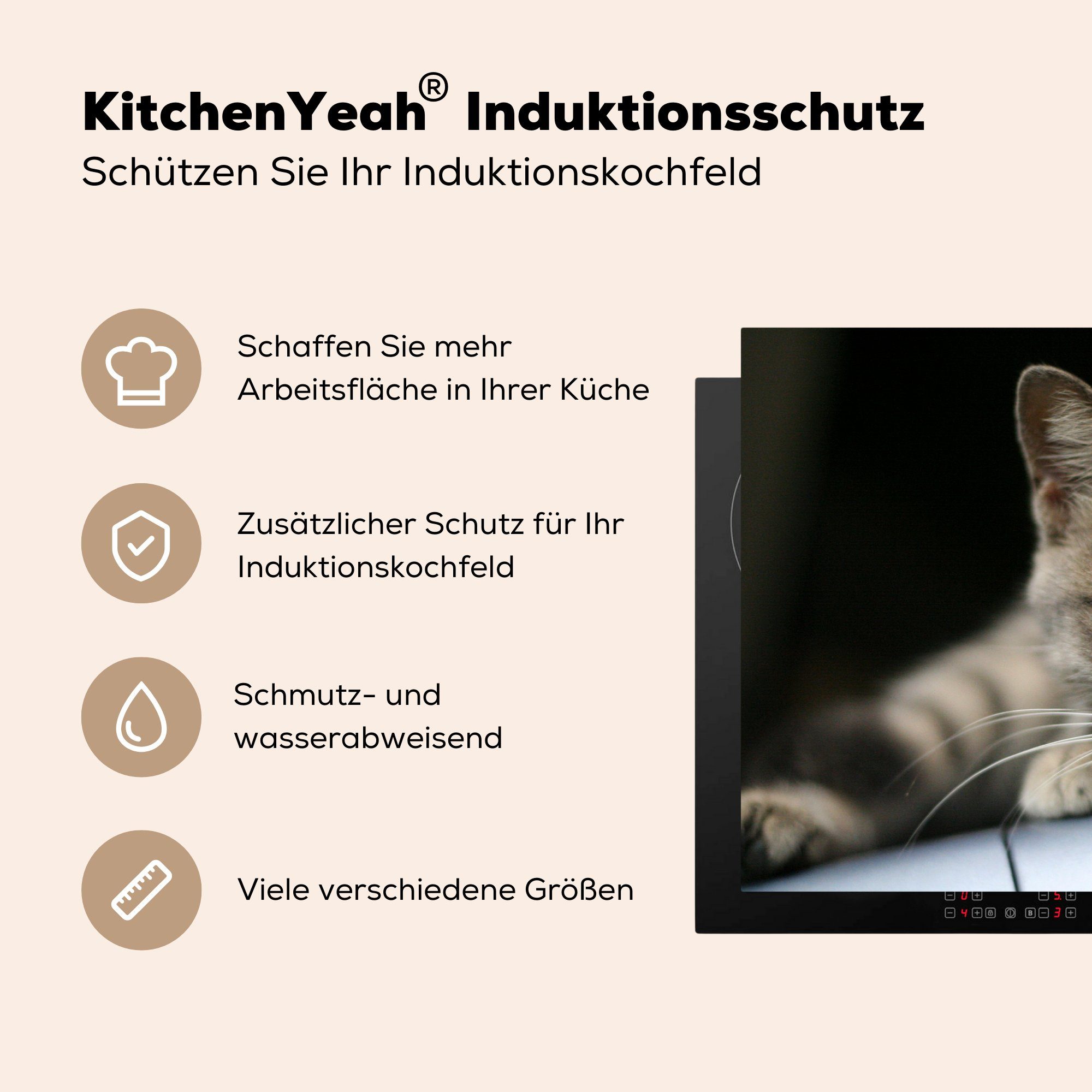 MuchoWow Herdblende-/Abdeckplatte Ceranfeldabdeckung - (1 Katze küche, Vinyl, 81x52 Grau Kopf, Induktionskochfeld tlg), - Schutz für cm, die