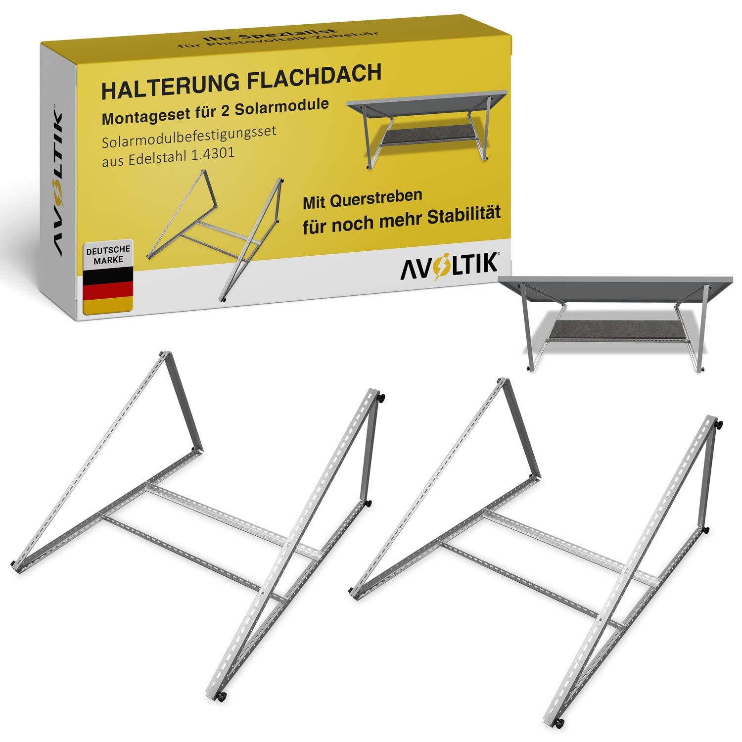 avoltik Solarmodul-Halterung Solarpanel Halterung Flachdach Montageset 114 cm - Alu 6005-T5, (Set, Set für 2 Solarmodule in Silber oder Schwarz, Korrosionsbeständig, stabile Ausführung)
